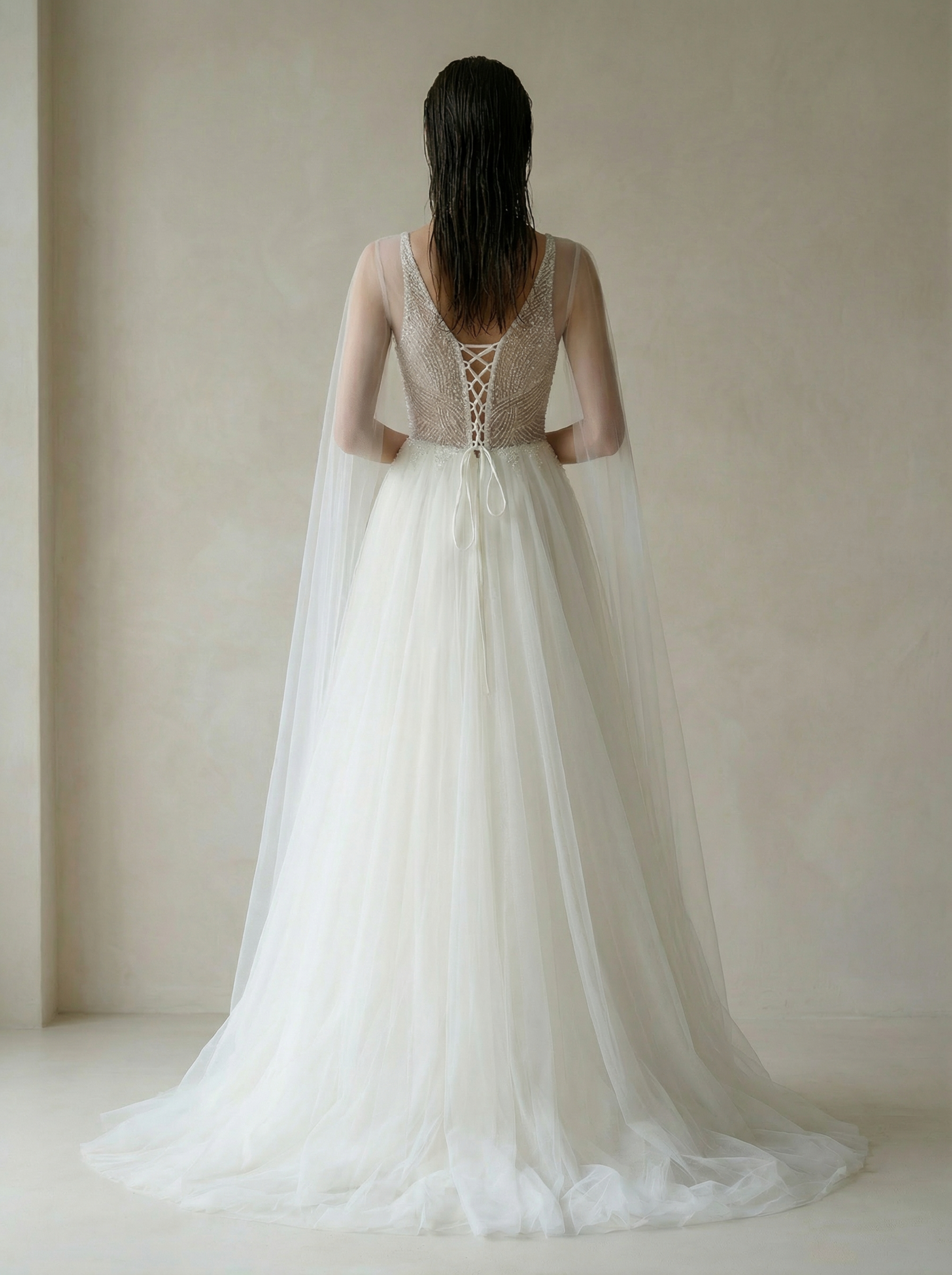 Minimalist V-Neck Tulle Wedding Dress with Sheer Long Sleeves