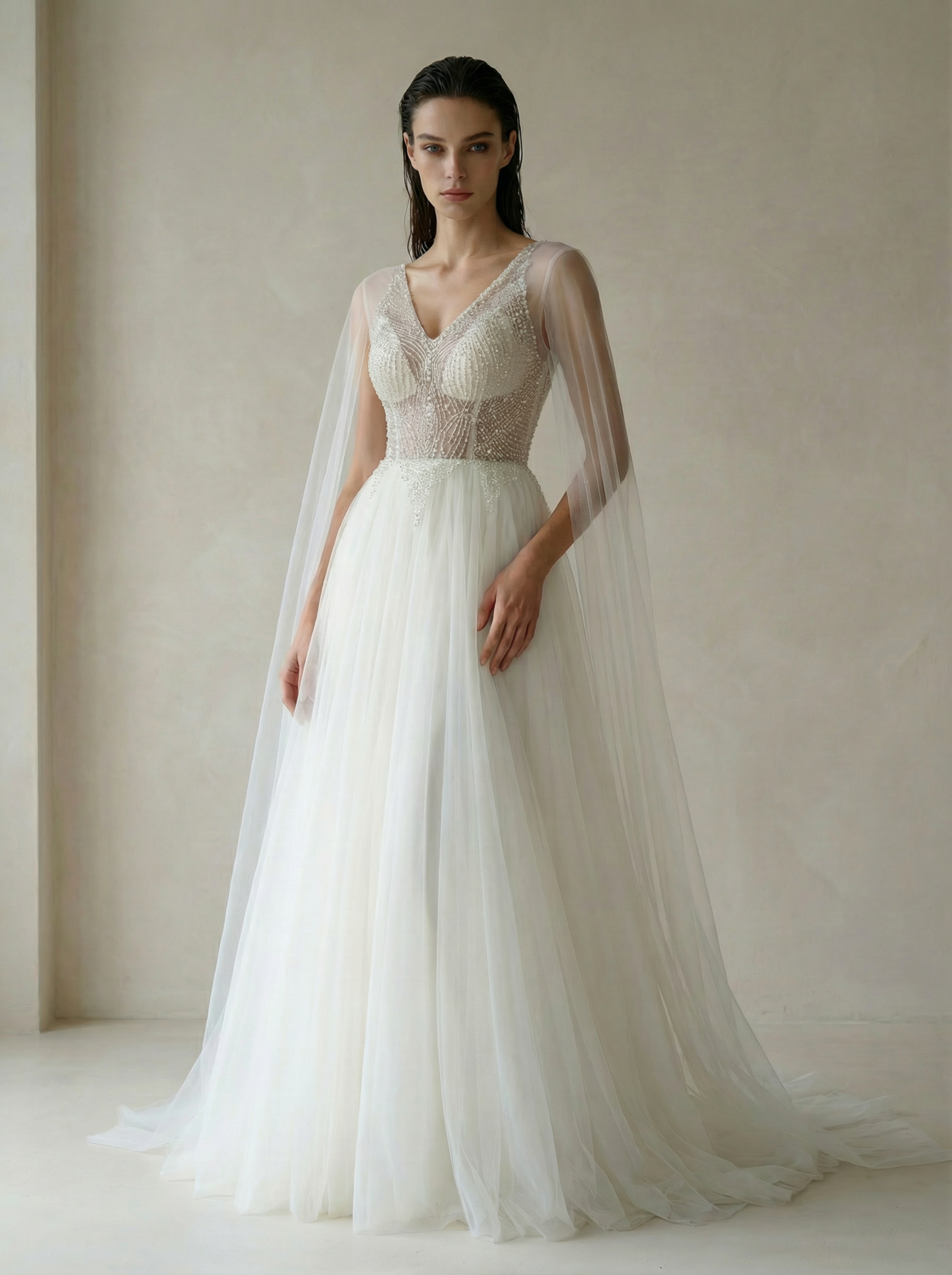 Minimalist V-Neck Tulle Wedding Dress with Sheer Long Sleeves