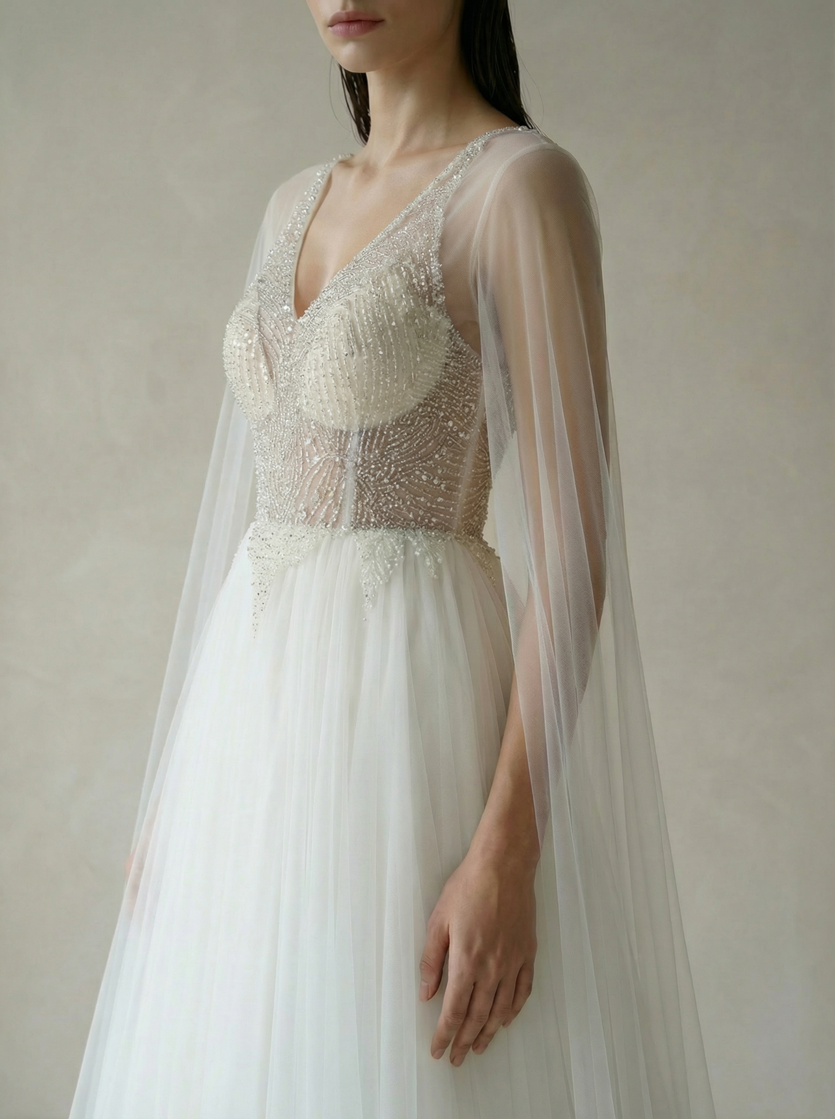 Minimalist V-Neck Tulle Wedding Dress with Sheer Long Sleeves