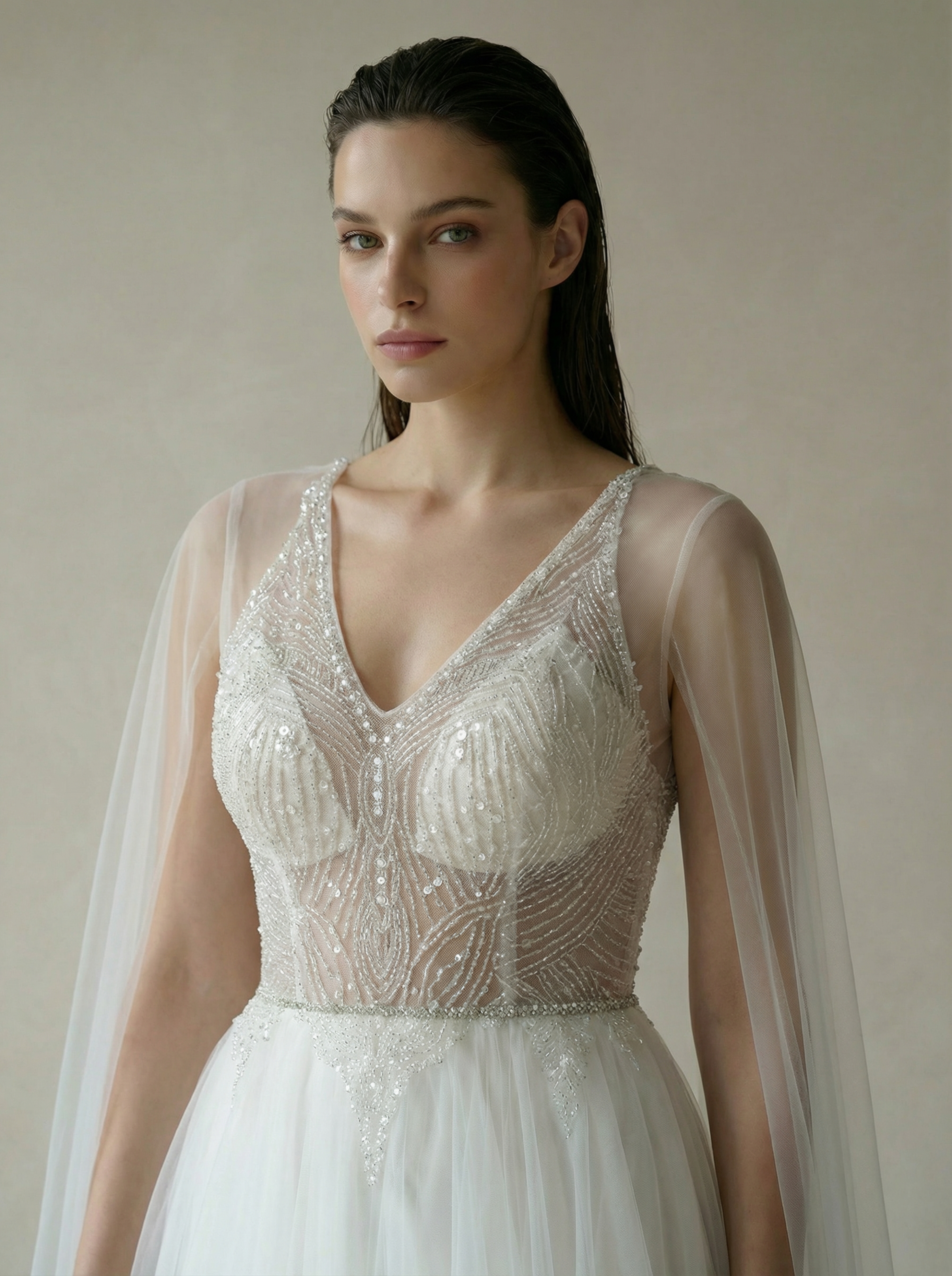 Minimalist V-Neck Tulle Wedding Dress with Sheer Long Sleeves