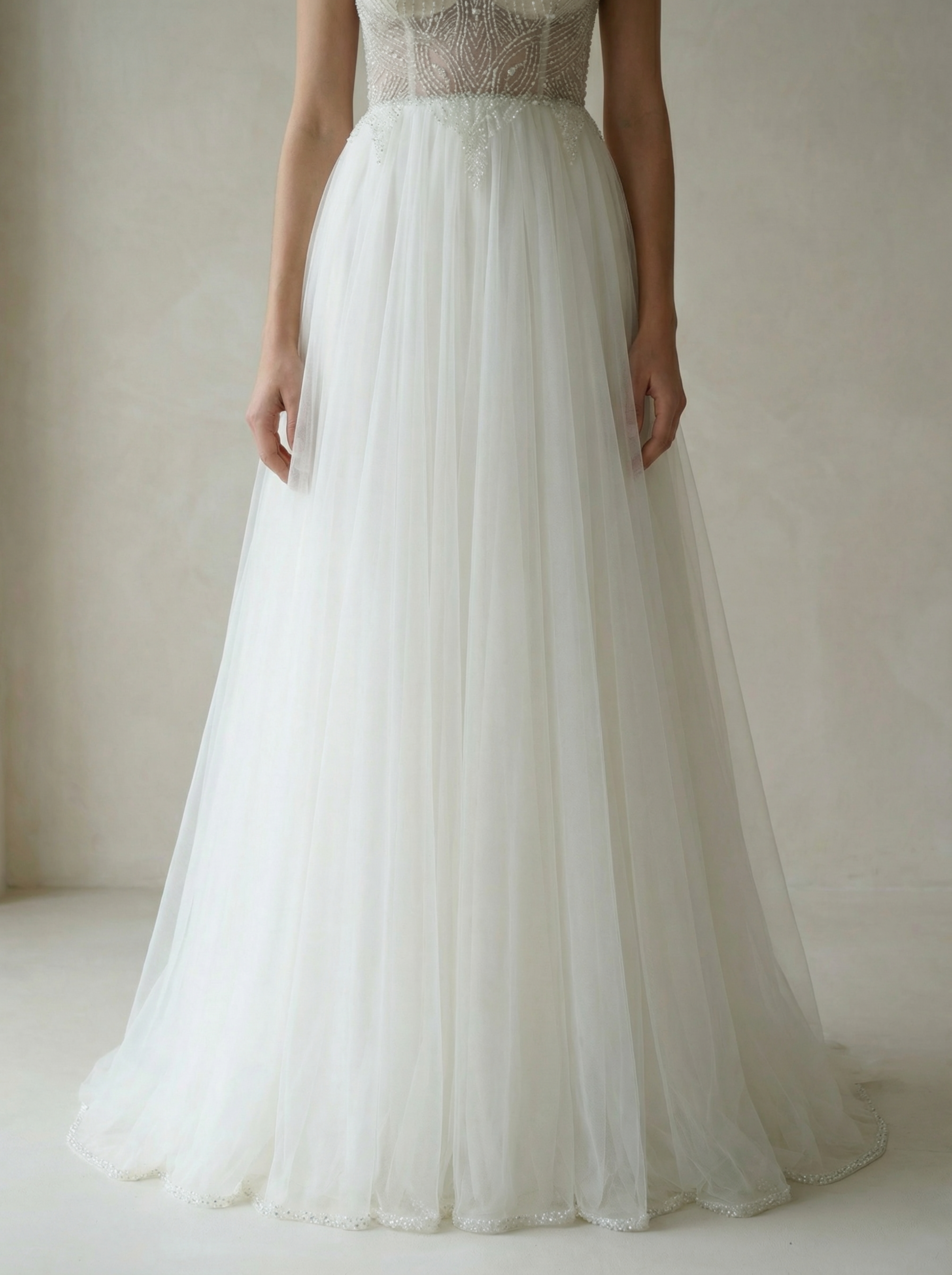 Minimalist V-Neck Tulle Wedding Dress with Sheer Long Sleeves