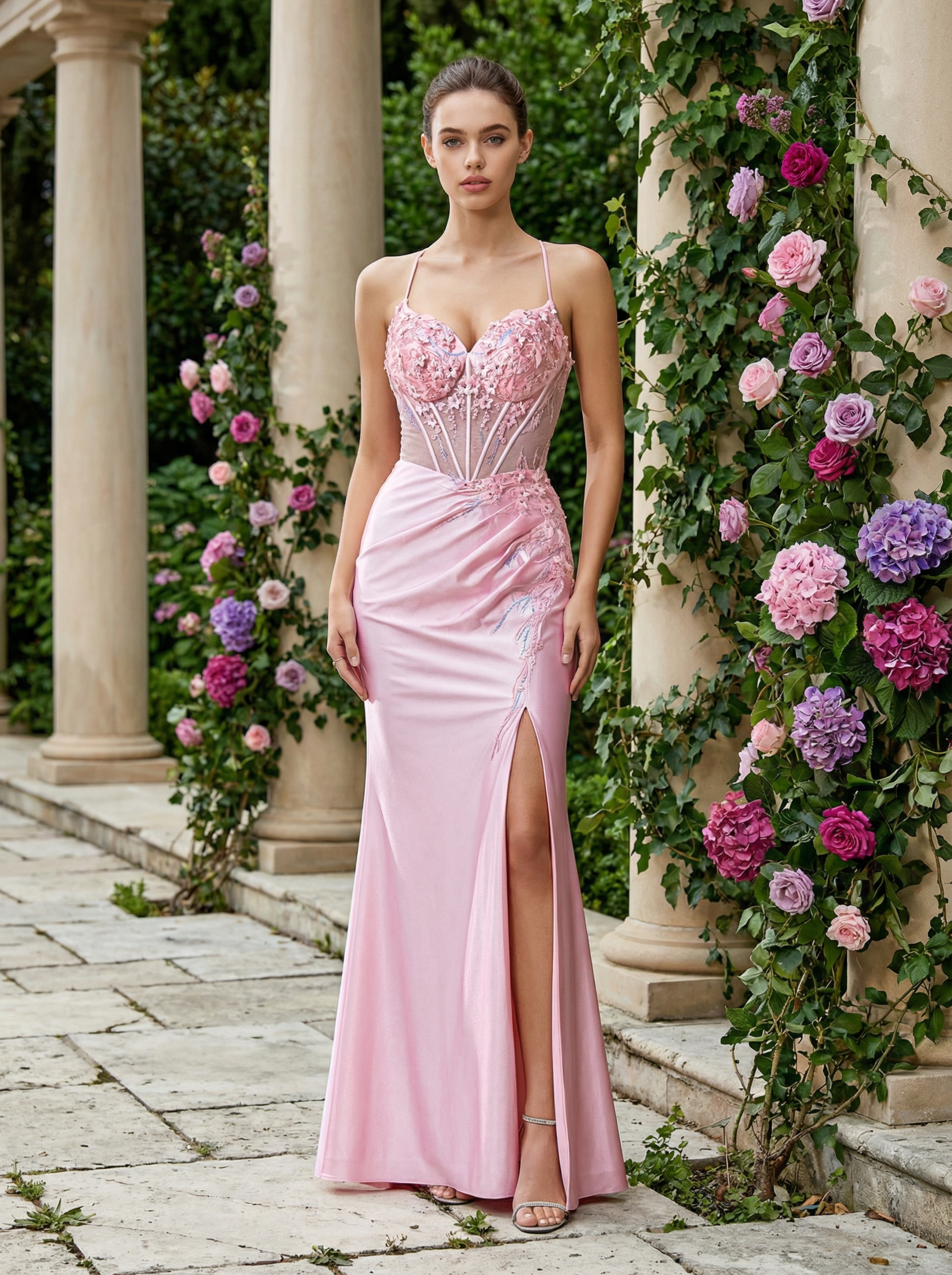 Simple Spaghetti Strap V-Neck Pink Sequin Prom Dresses