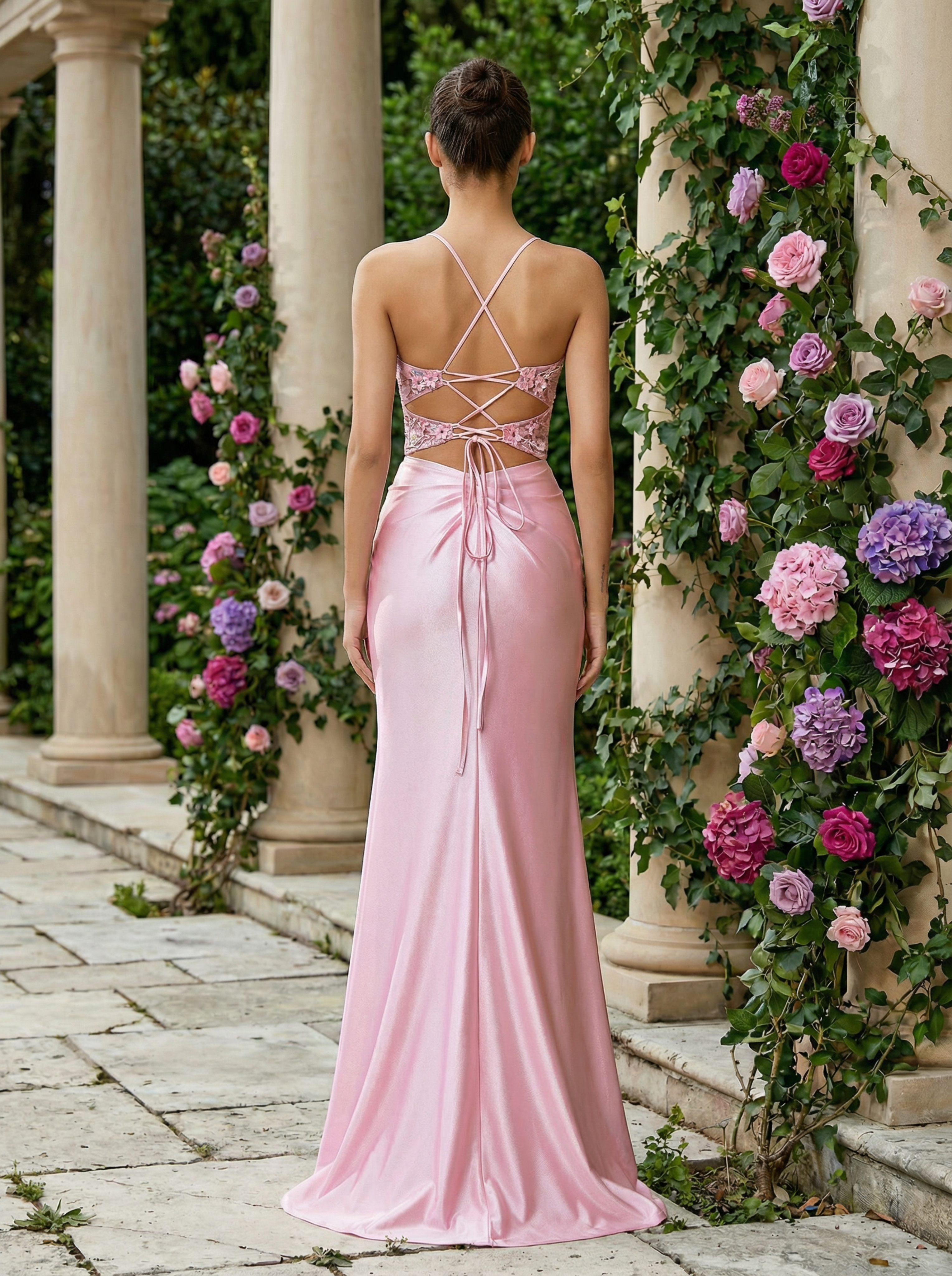 Simple Spaghetti Strap V-Neck Pink Sequin Prom Dresses