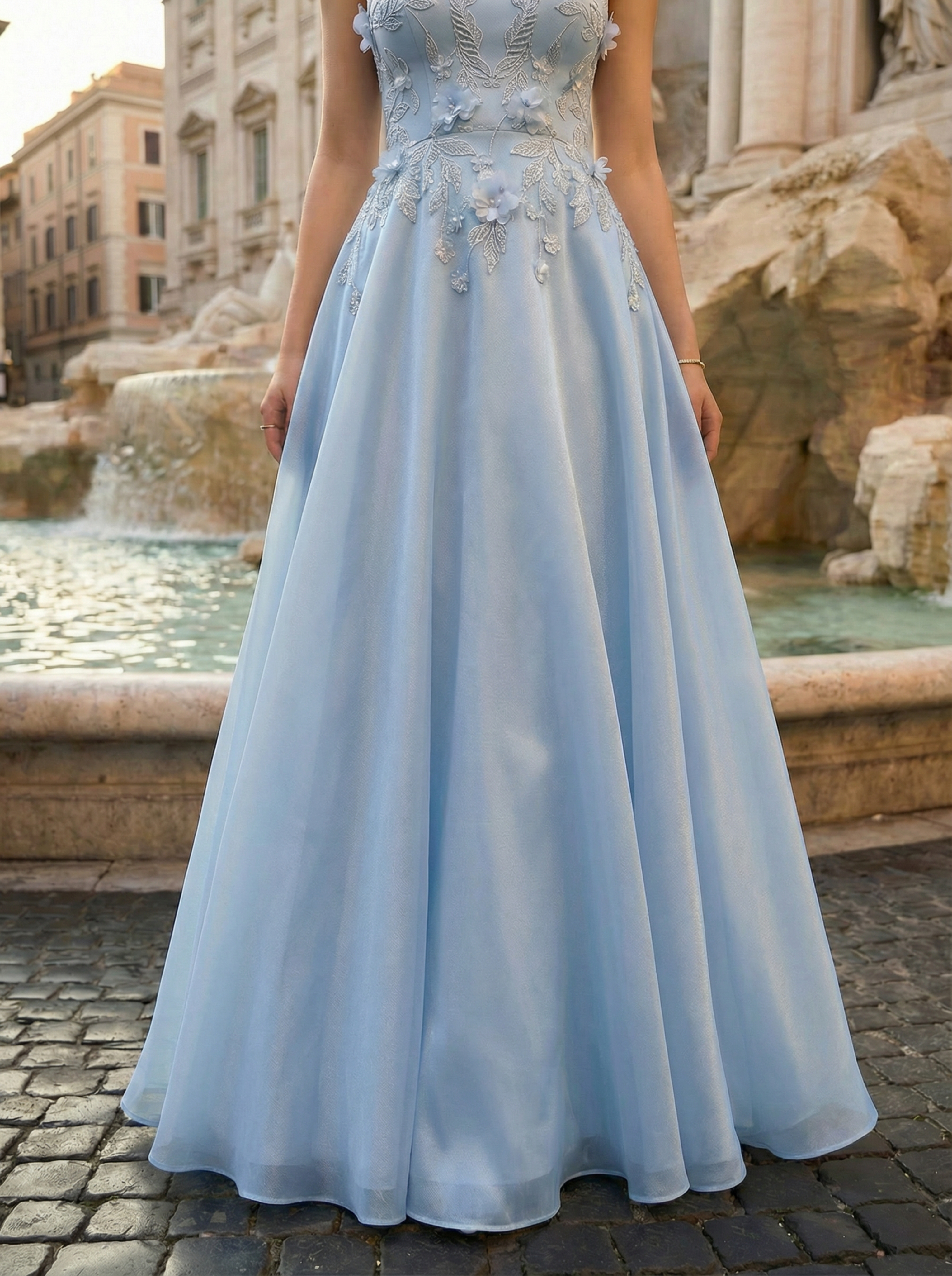 Sky Blue Spaghetti Strap Beaded Mermaid Evening Gown