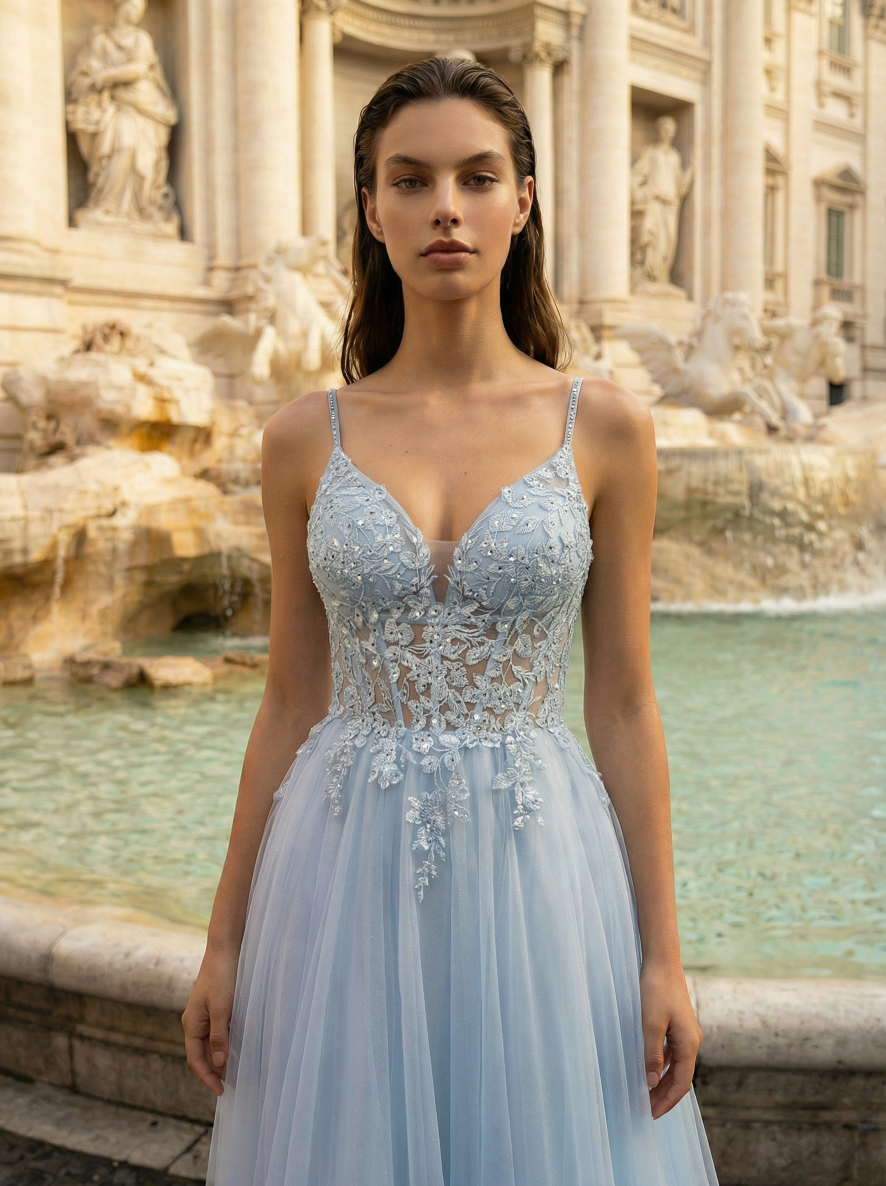 Sky Blue Tulle Off-Shoulder Prom Dress with Floral Lace and Beadwork