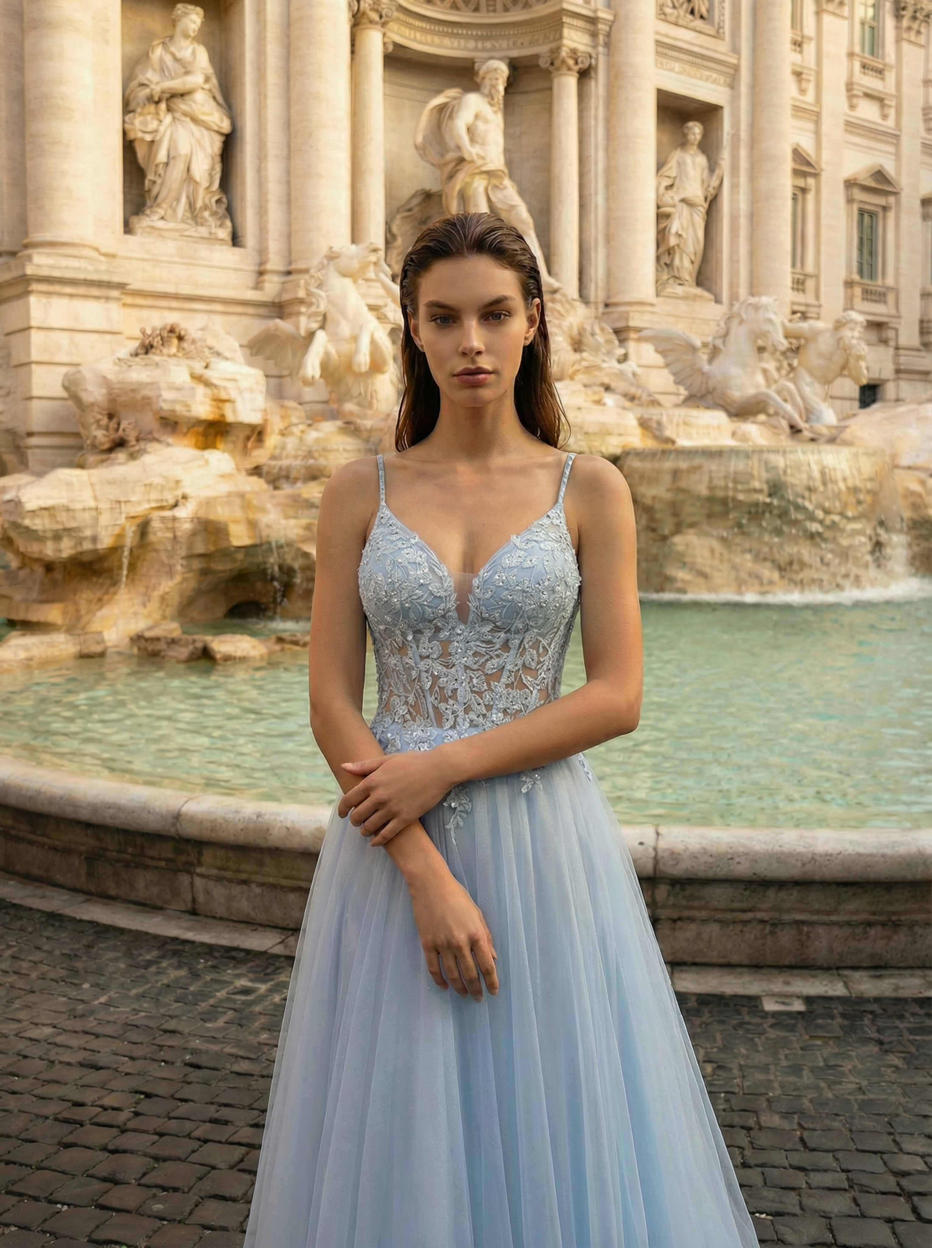 Sky Blue Tulle Off-Shoulder Prom Dress with Floral Lace and Beadwork