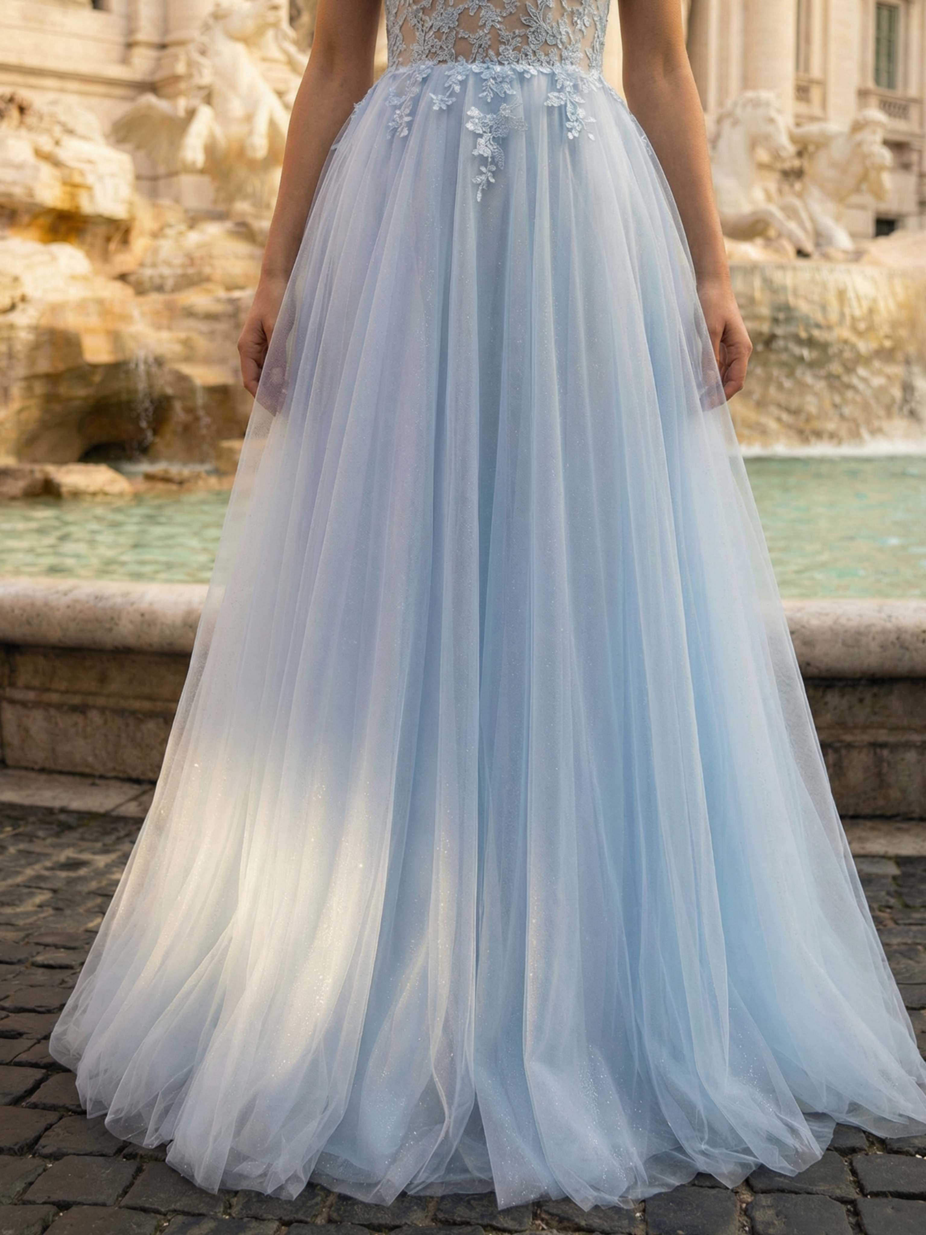 Sky Blue Tulle Off-Shoulder Prom Dress with Floral Lace and Beadwork