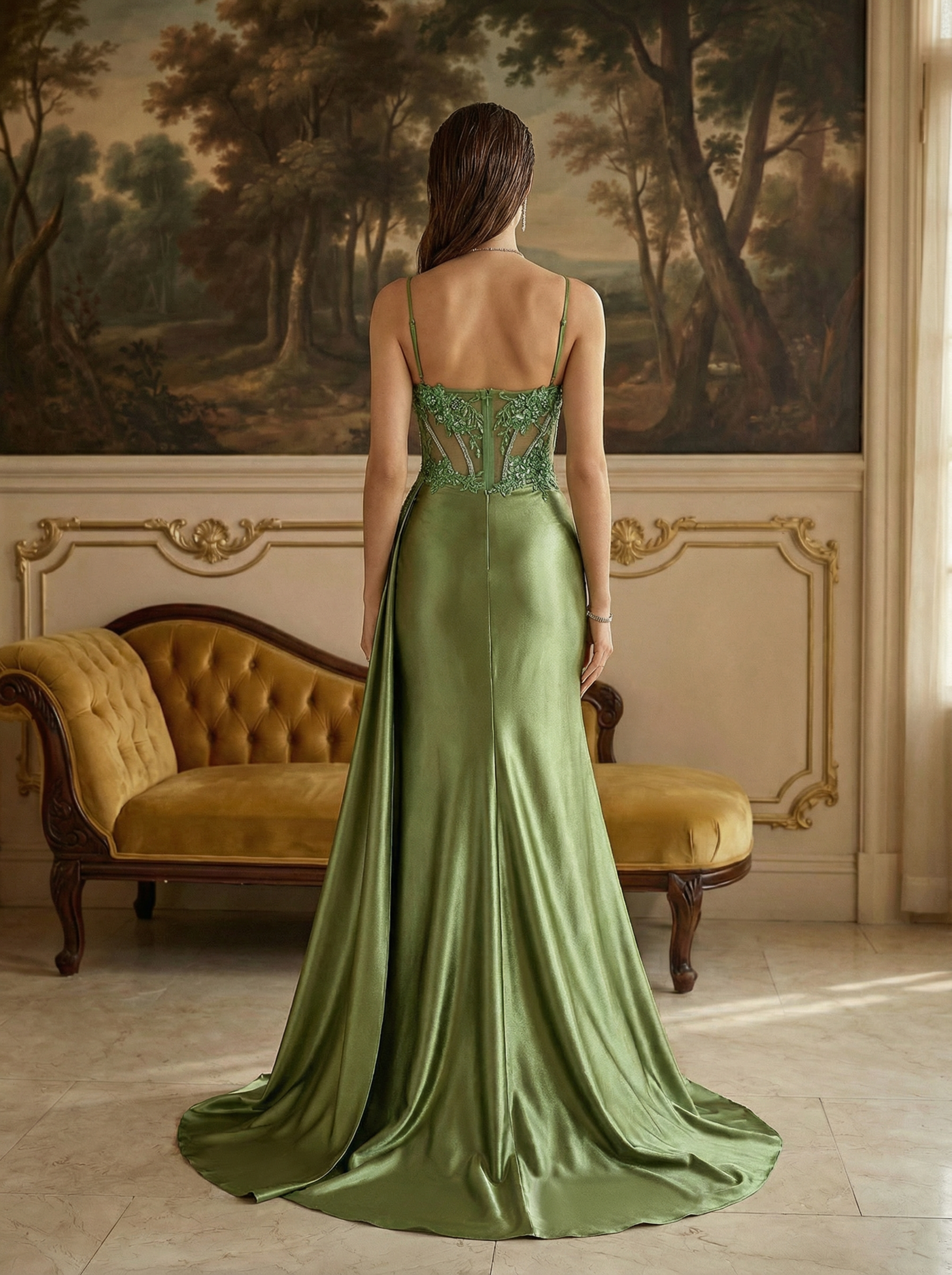 Spaghetti Strap Beaded Mermaid Evening Gown with Side Slit in Grassgreen - Elegant Evening Gown
