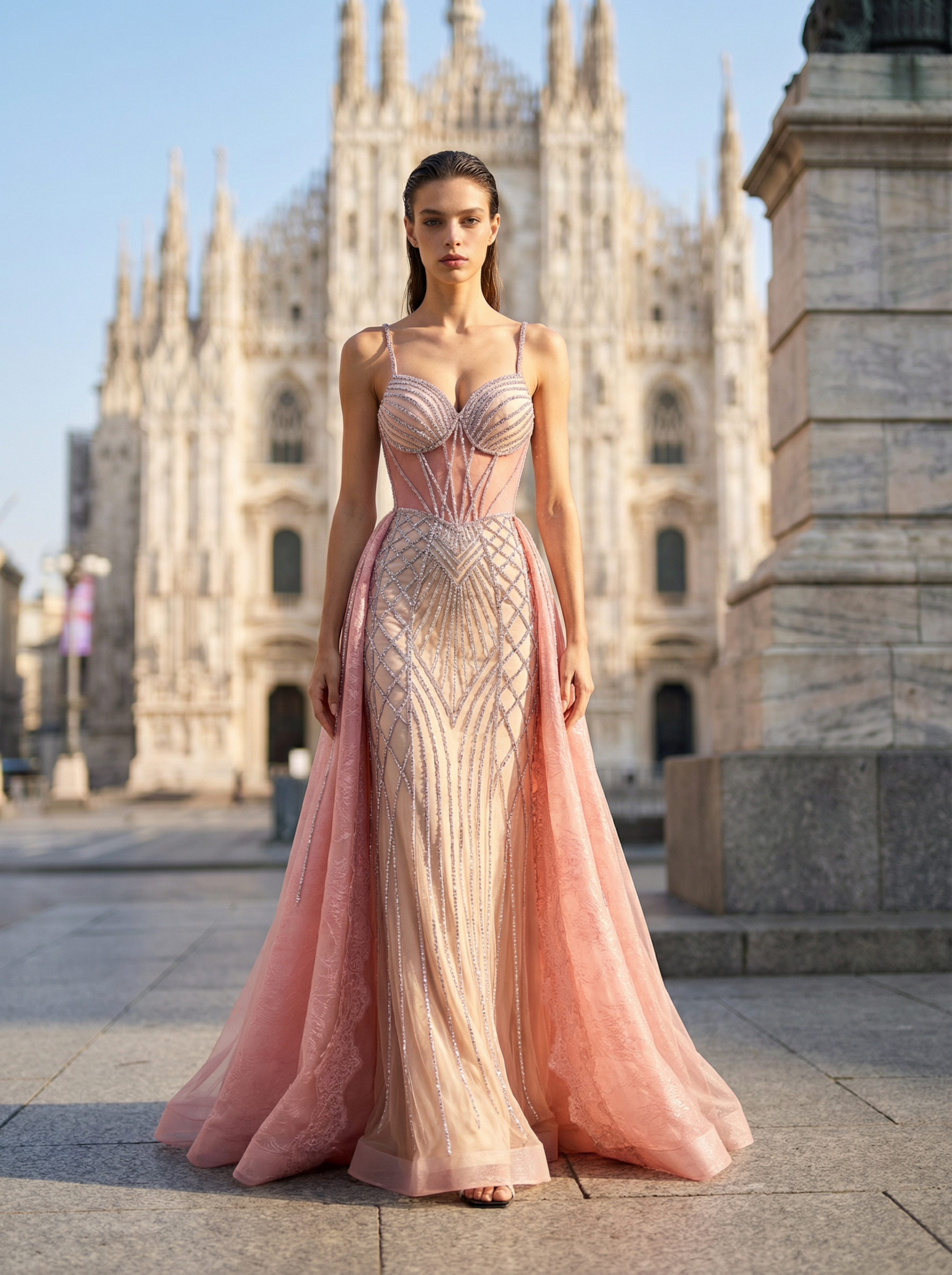 Stunning Champagne Beaded Mermaid Gown with Illusion Neckline