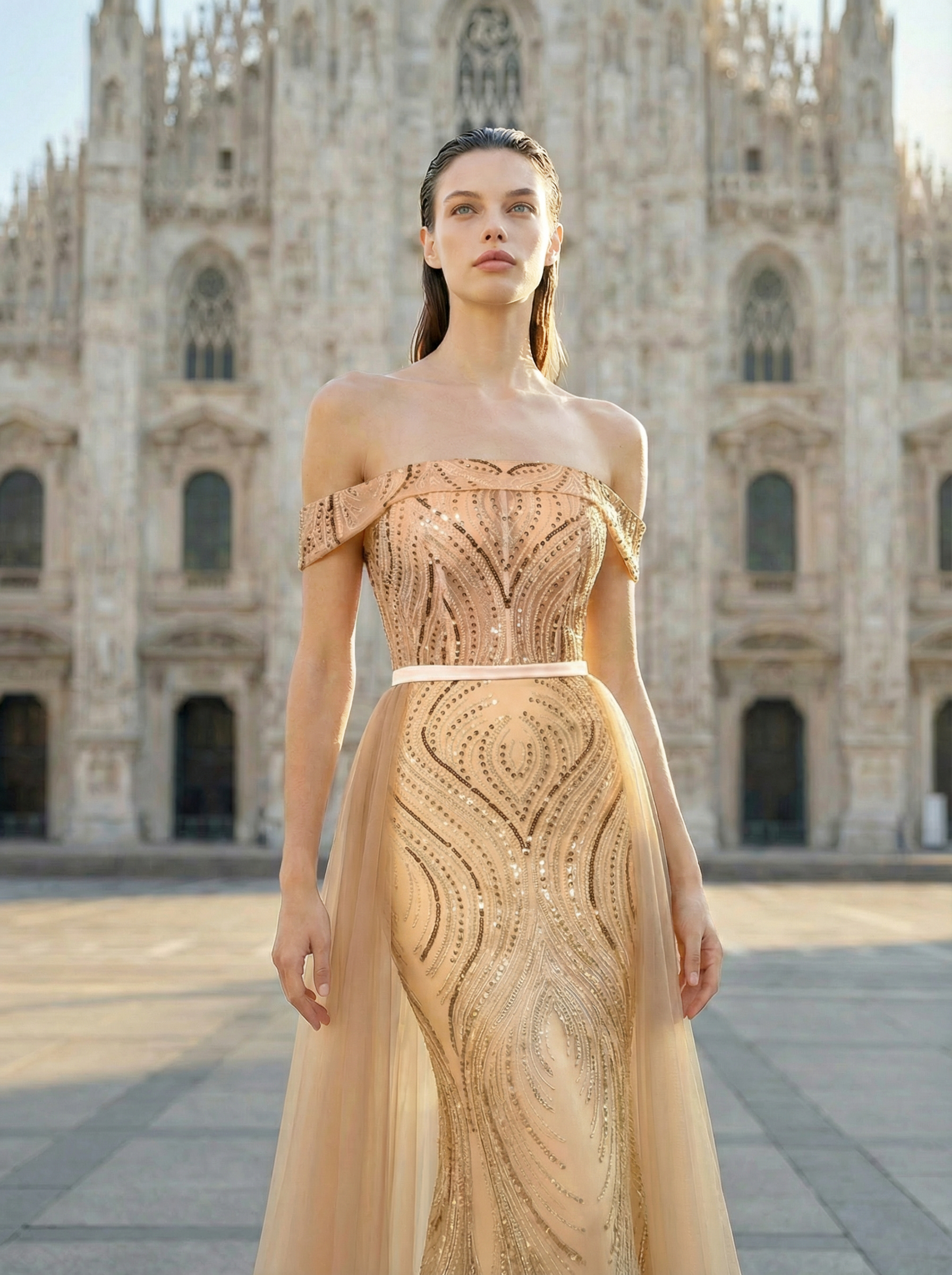 Stunning Champagne Beaded Mermaid Gown with Illusion Neckline