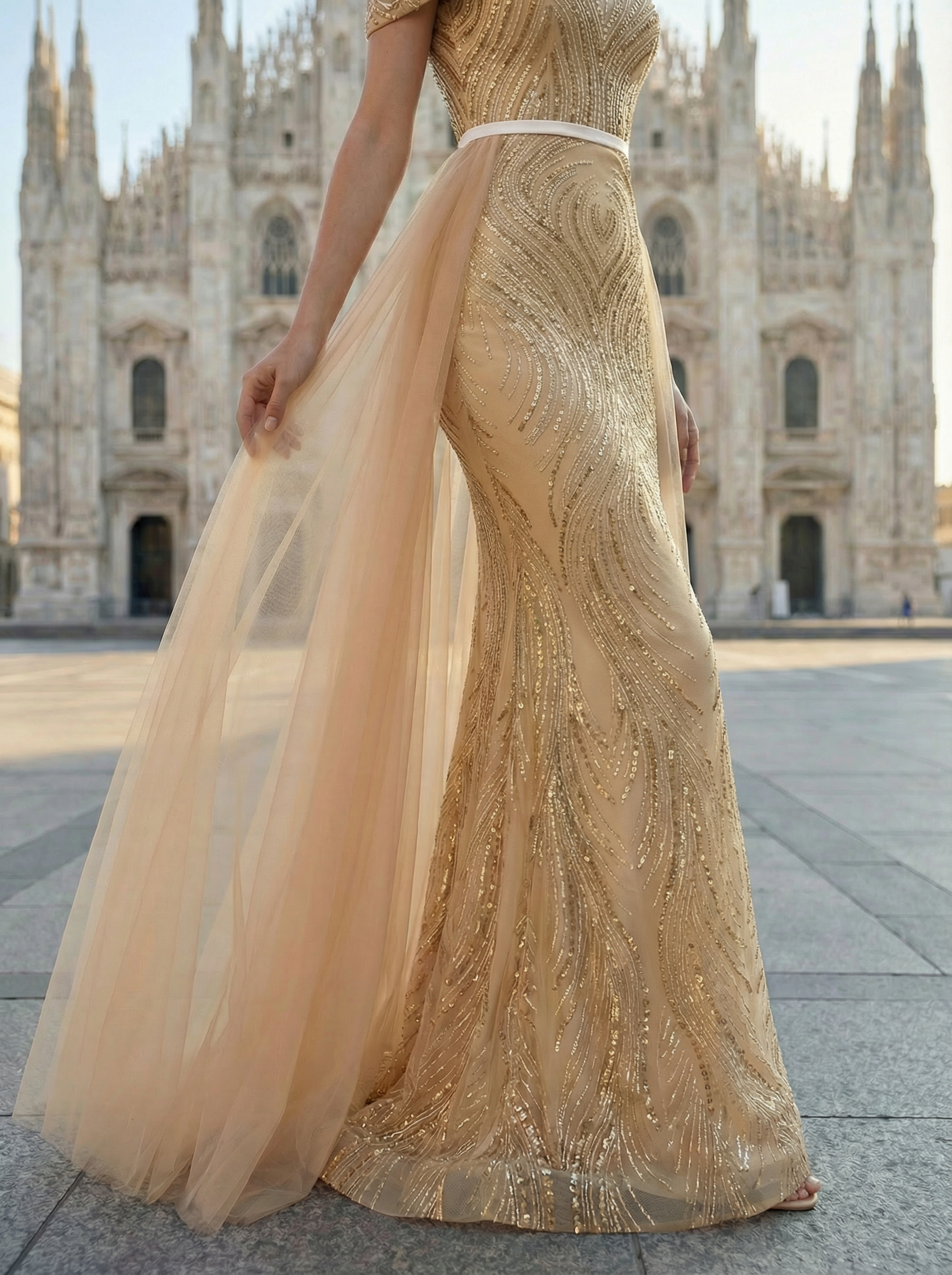 Stunning Champagne Beaded Mermaid Gown with Illusion Neckline