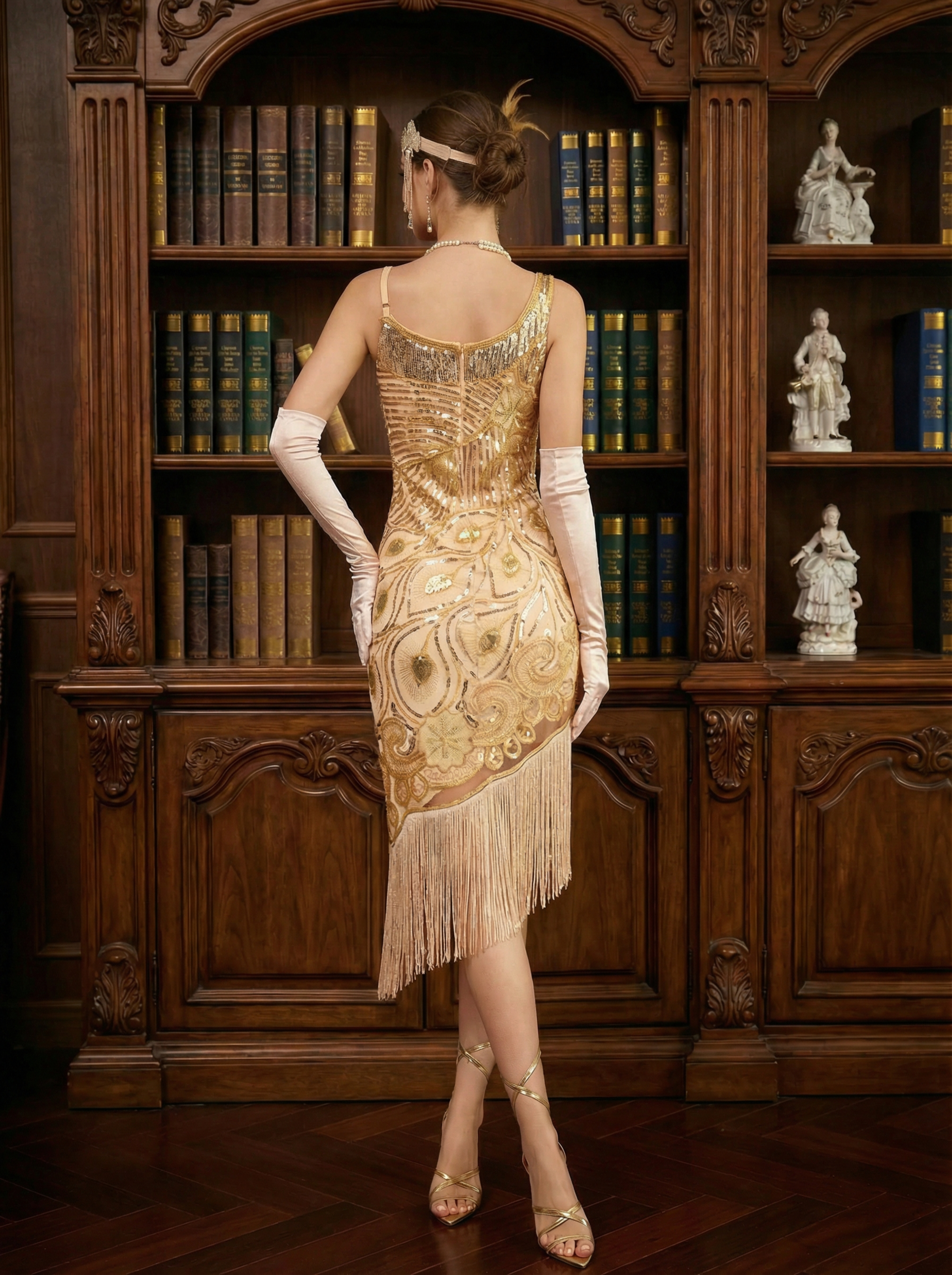 Vintage 1920s Sequin Fringe Party Dress Champagne Beaded Gown