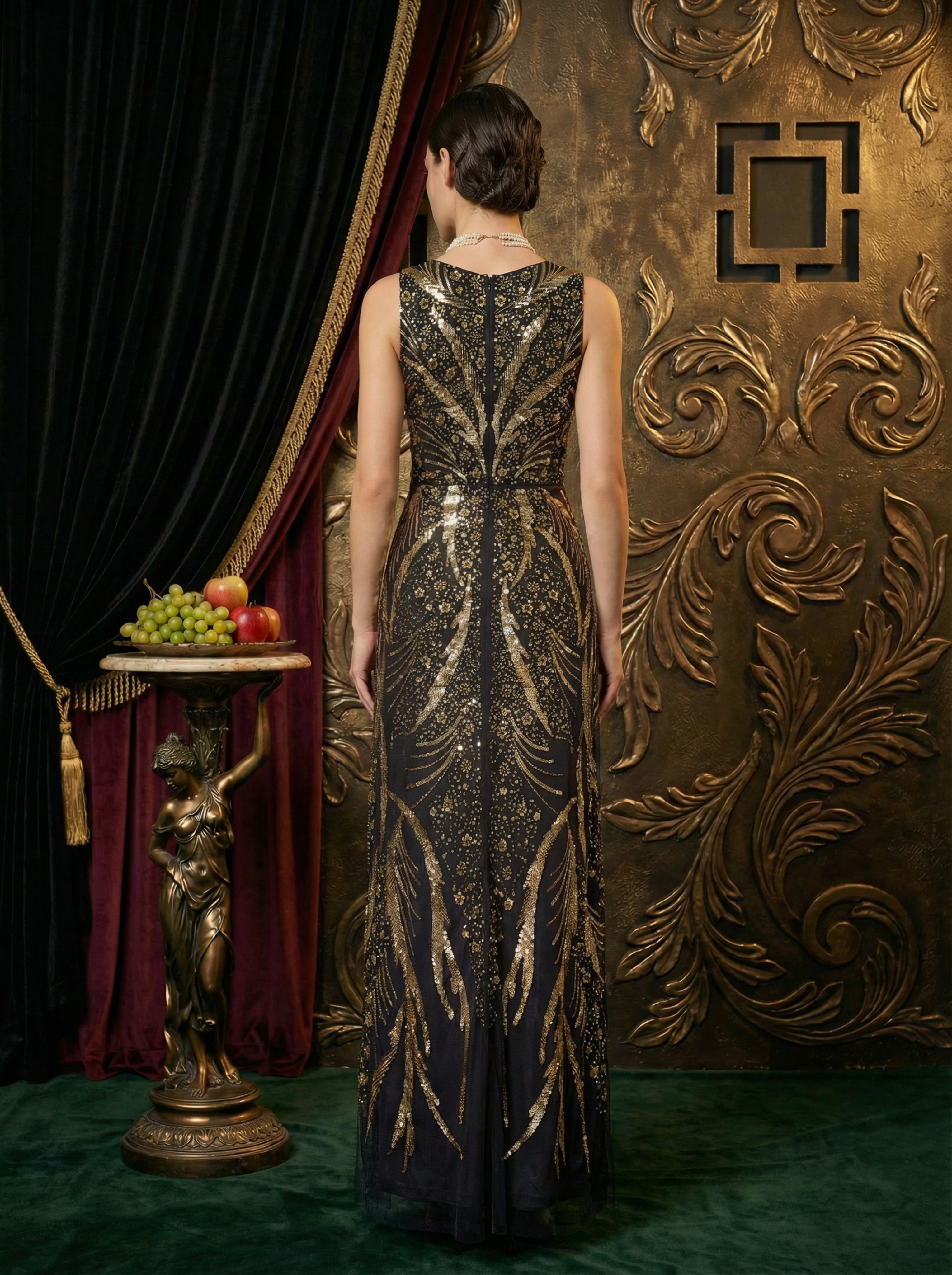 Vintage Round Neck 1920s Sequined Fringe Long Gown