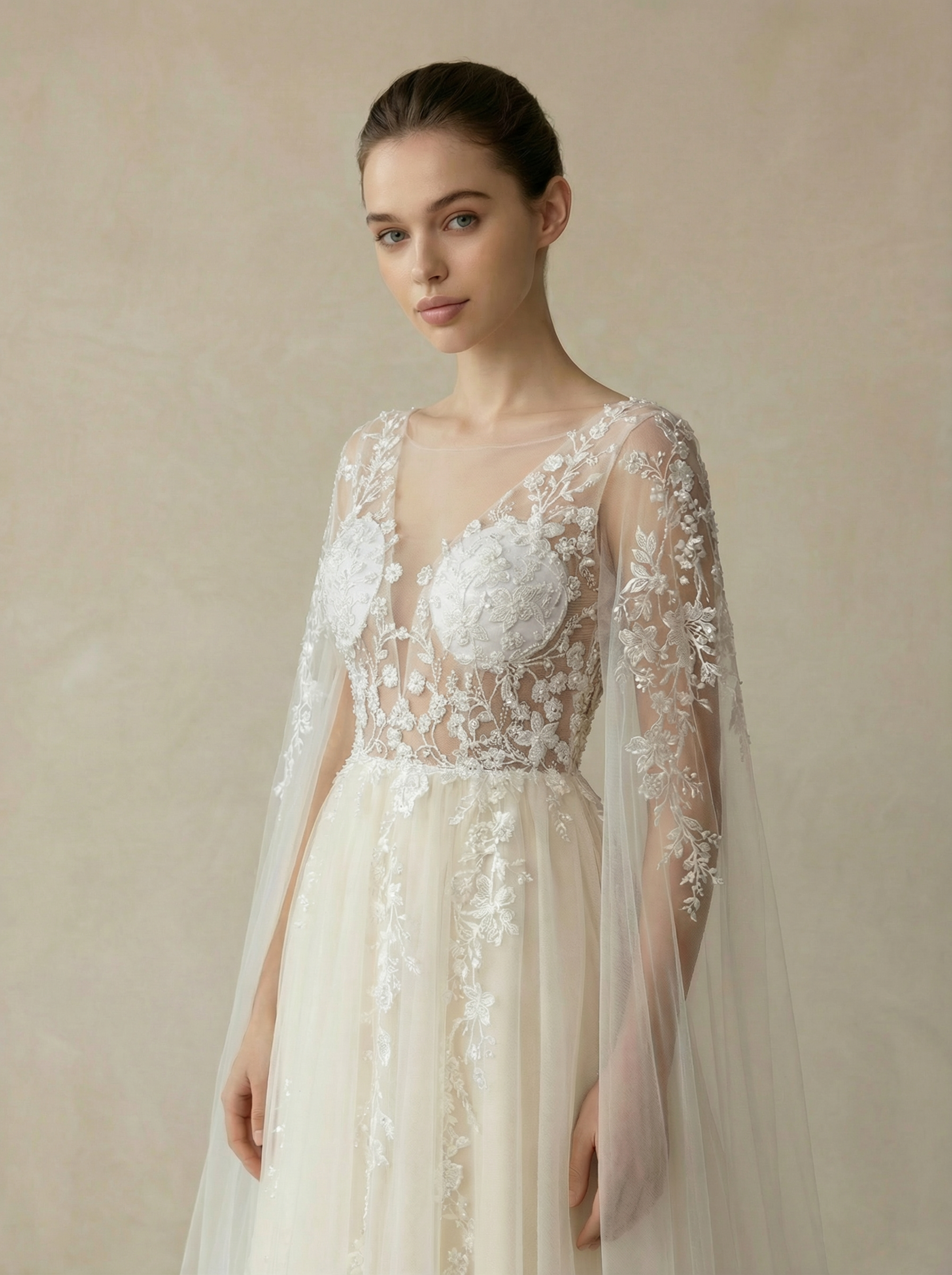 V-Neck Wedding Dress with Extra-Long Sheer Lace Sleeves