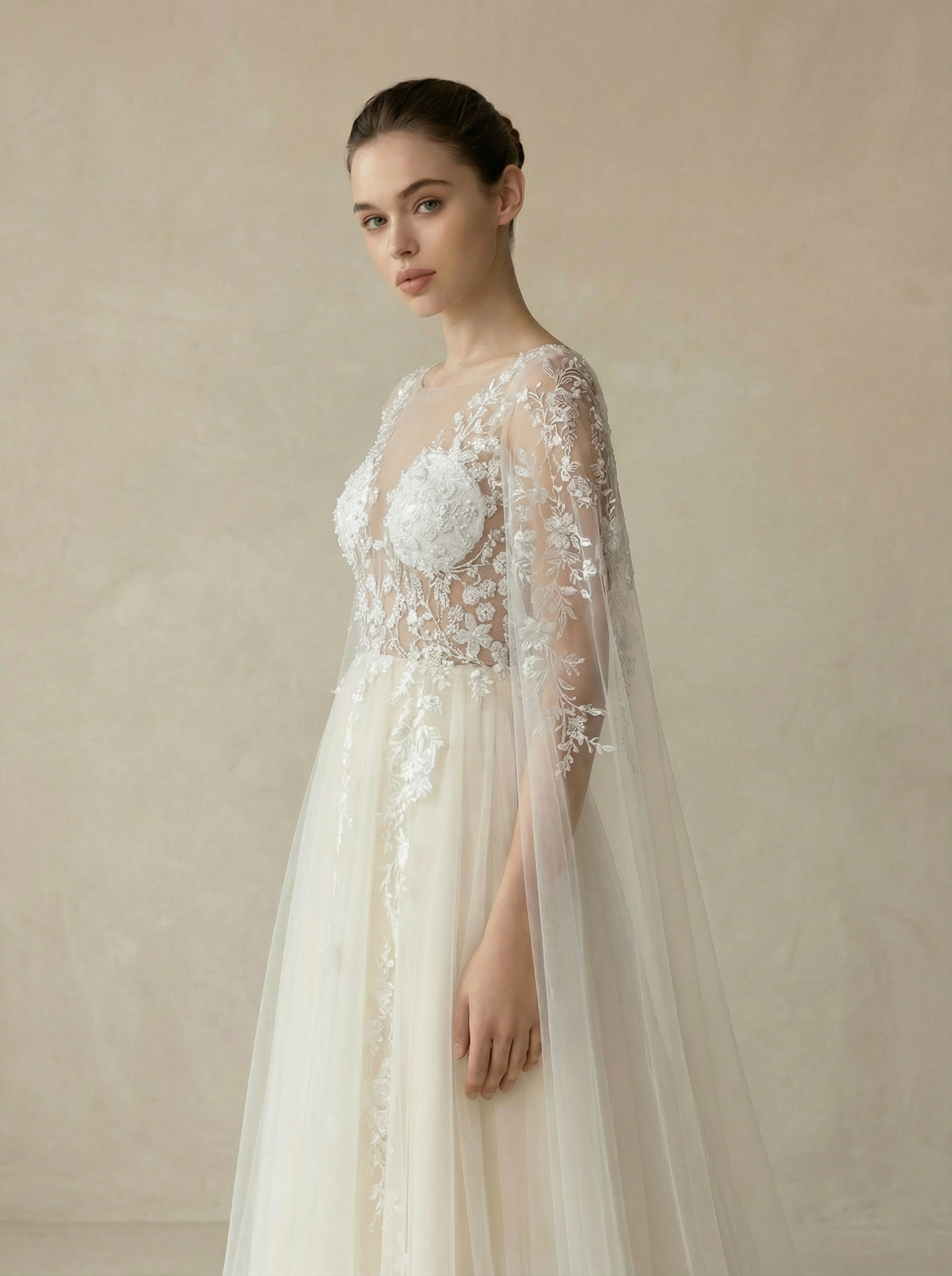 V-Neck Wedding Dress with Extra-Long Sheer Lace Sleeves