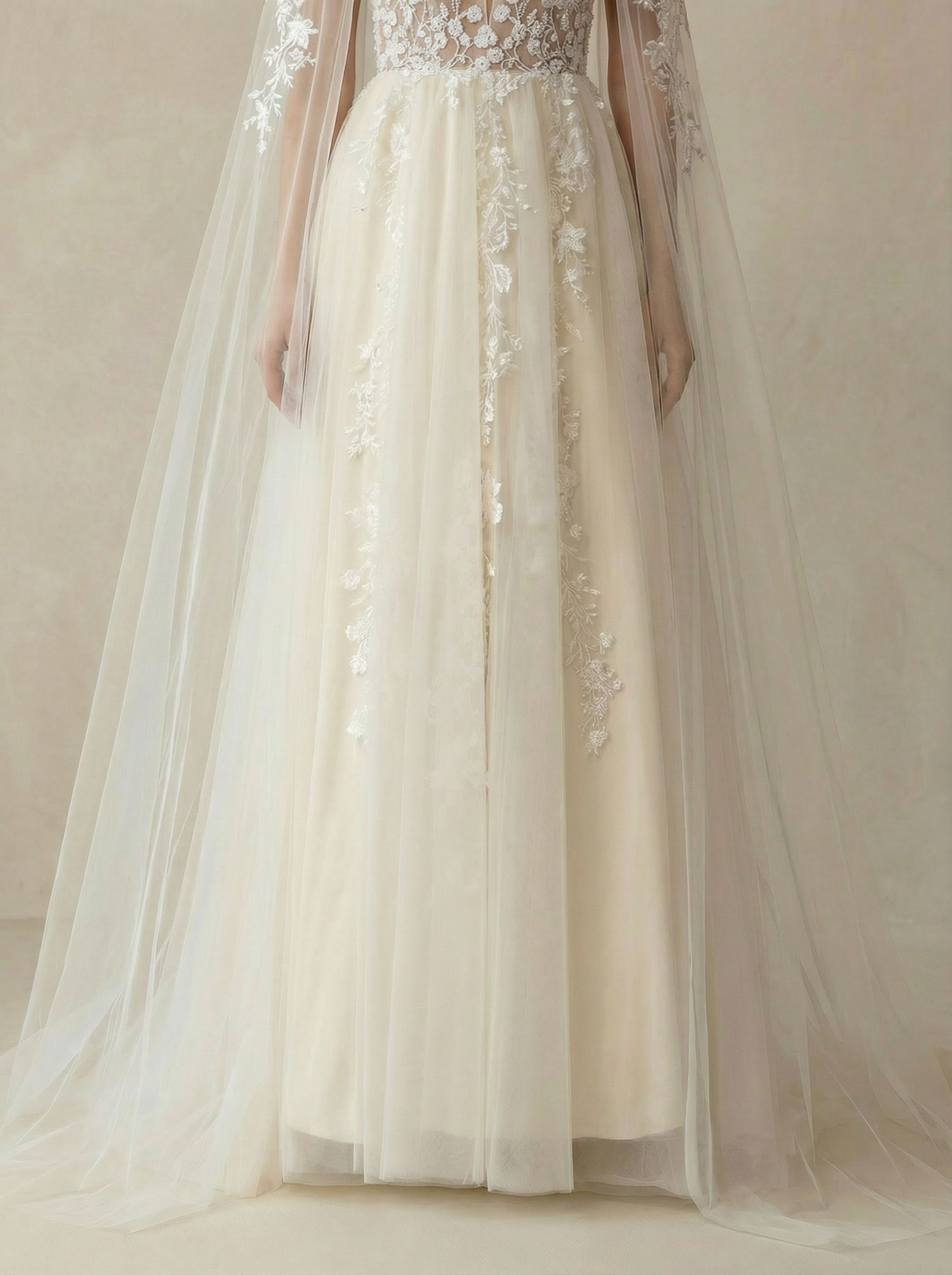 V-Neck Wedding Dress with Extra-Long Sheer Lace Sleeves