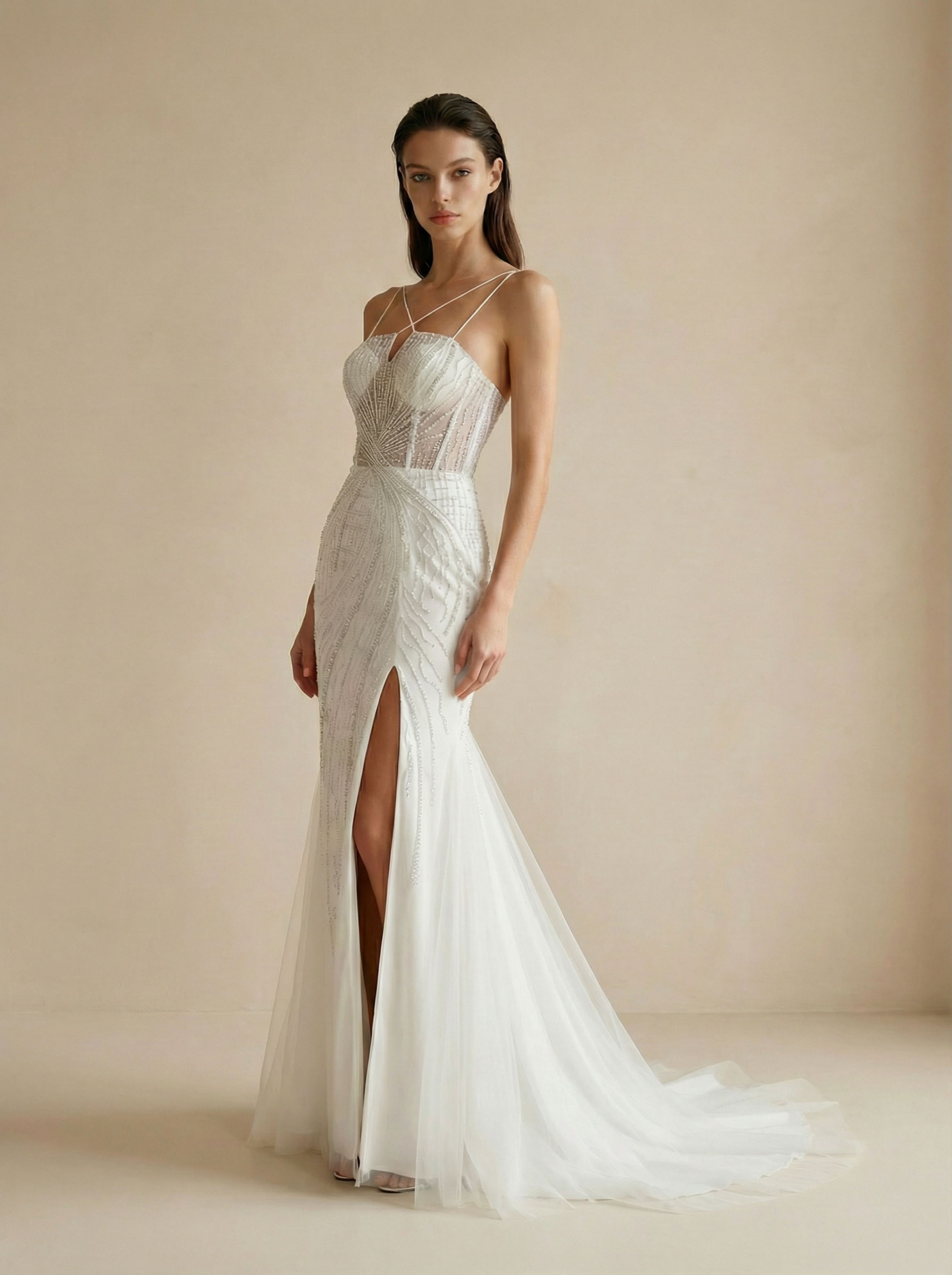 V-Neck Spaghetti Strap Backless Floor-Length Mermaid Wedding Dress