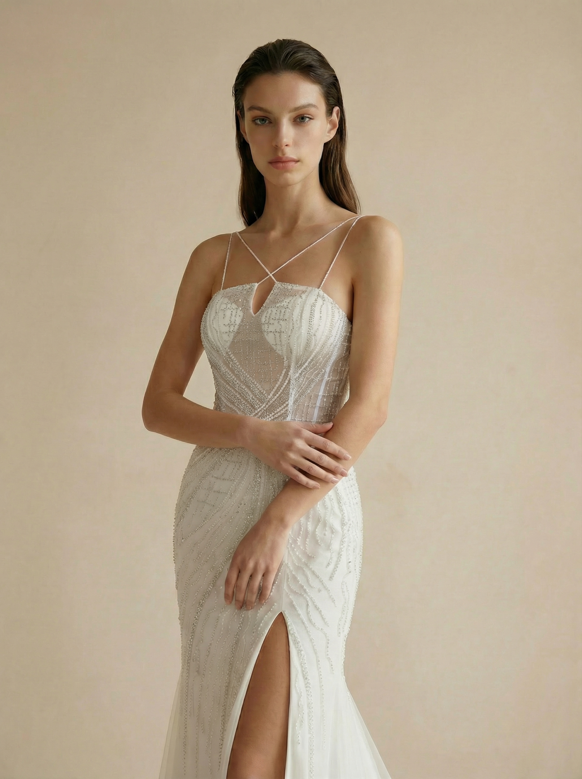 V-Neck Spaghetti Strap Backless Sheath Wedding Dress