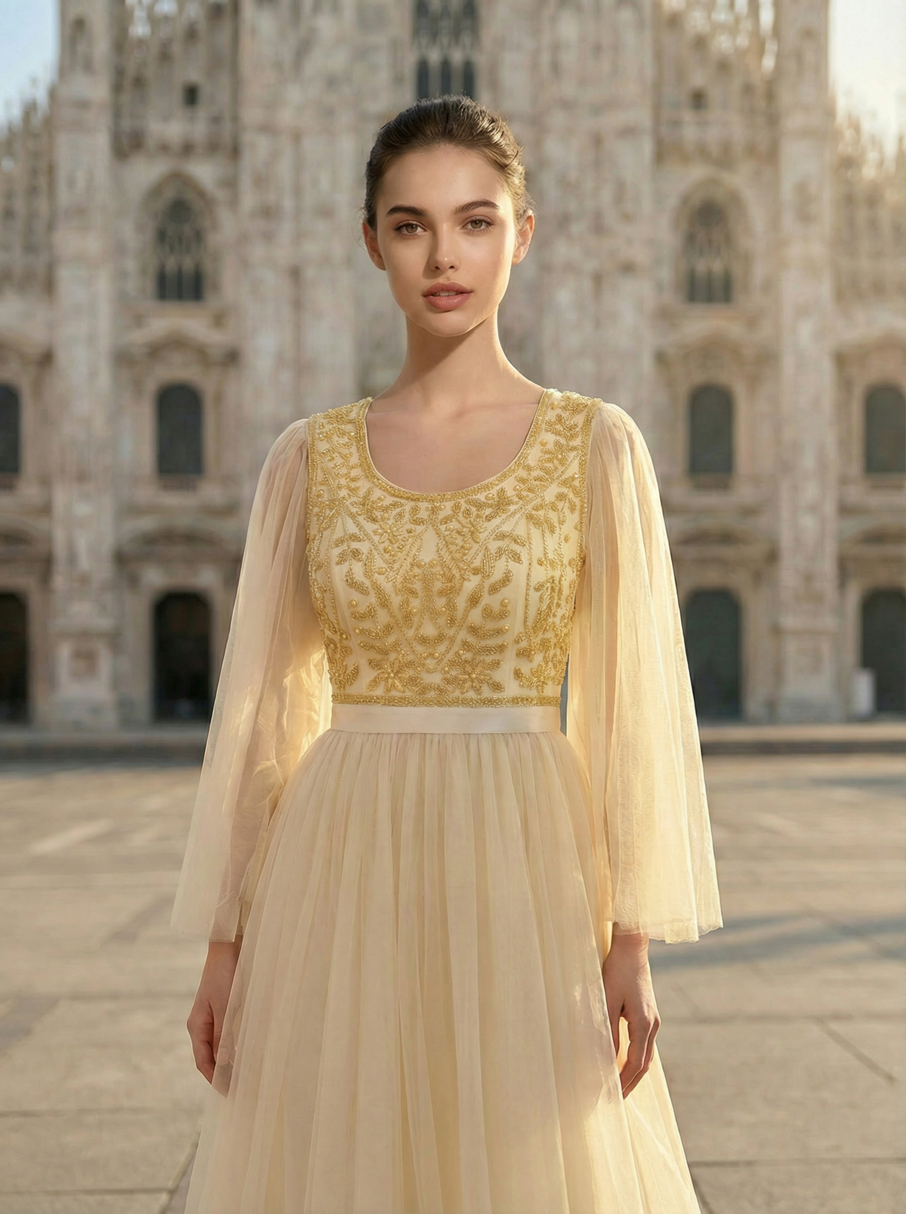 Women's Beaded Swing Dress Elegant Tulle Flowing Evening Dress