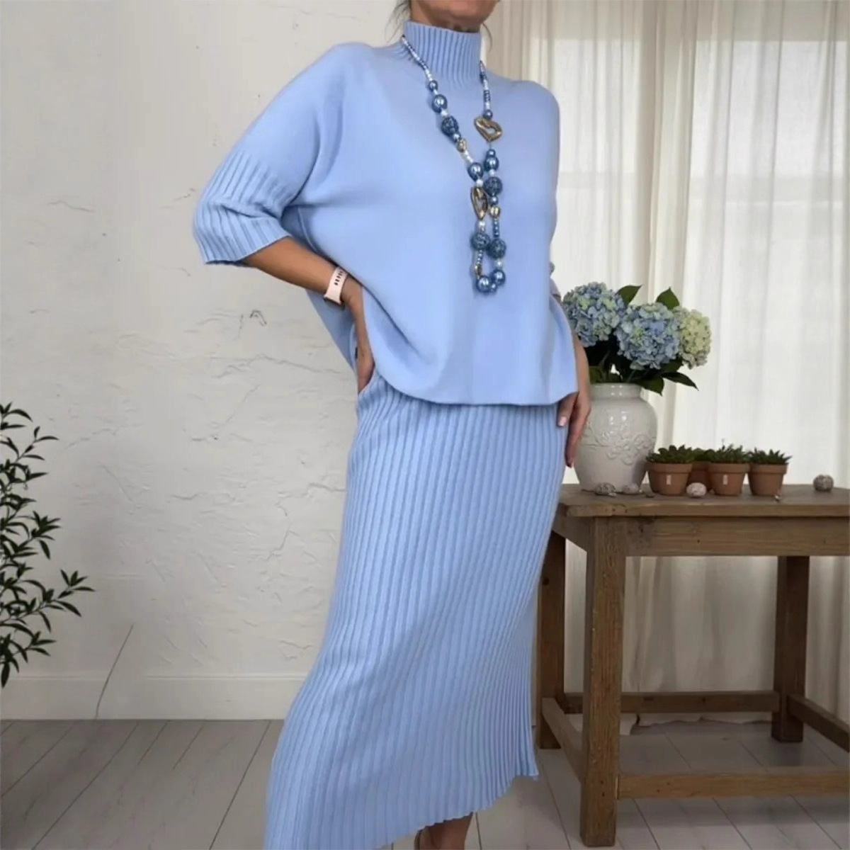 Elegant Knit Sweater and Midi Skirt 2-Piece Set