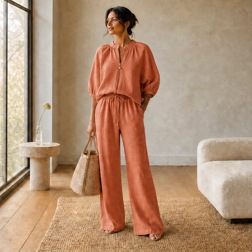 Drape-Soft 2-Piece Set with Gold Zip & Wide-Leg Pants + 50% OFF