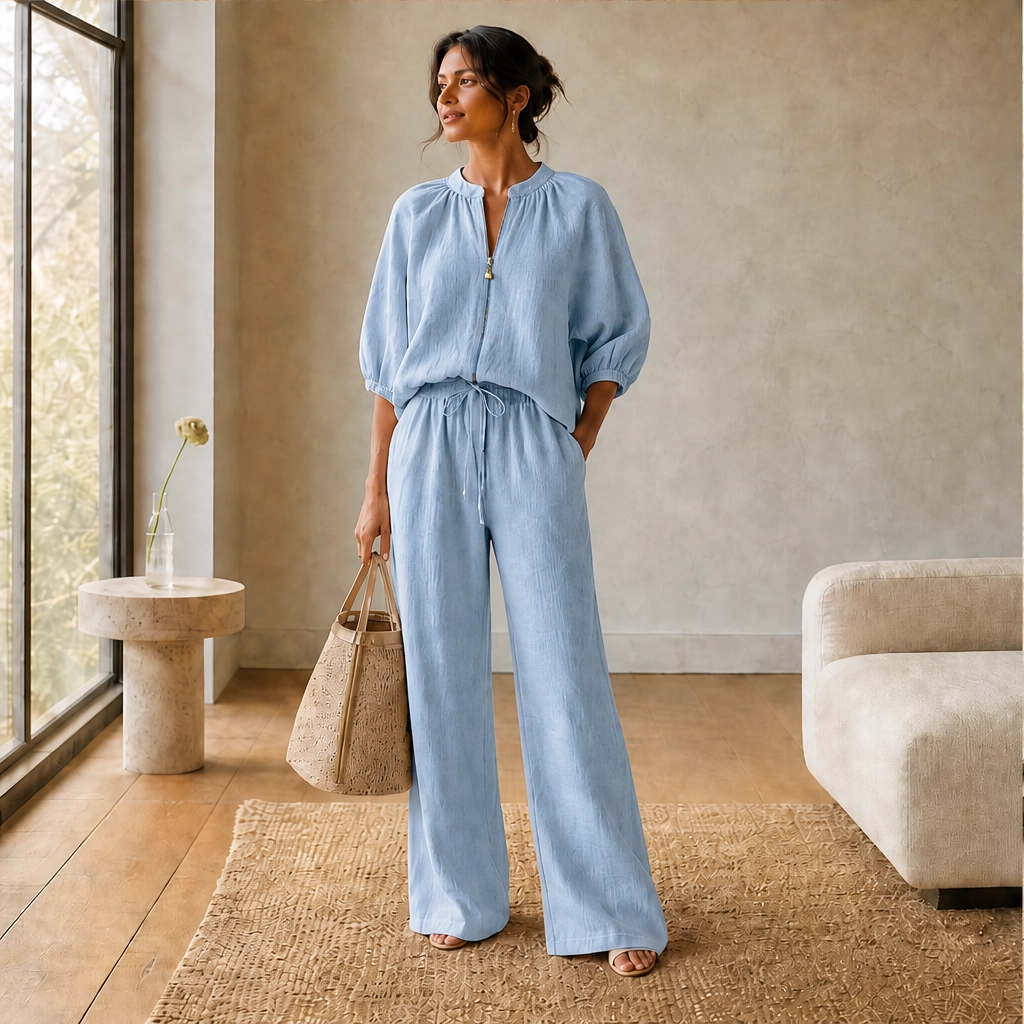 Drape-Soft 2-Piece Set with Gold Zip & Wide-Leg Pants + 50% OFF