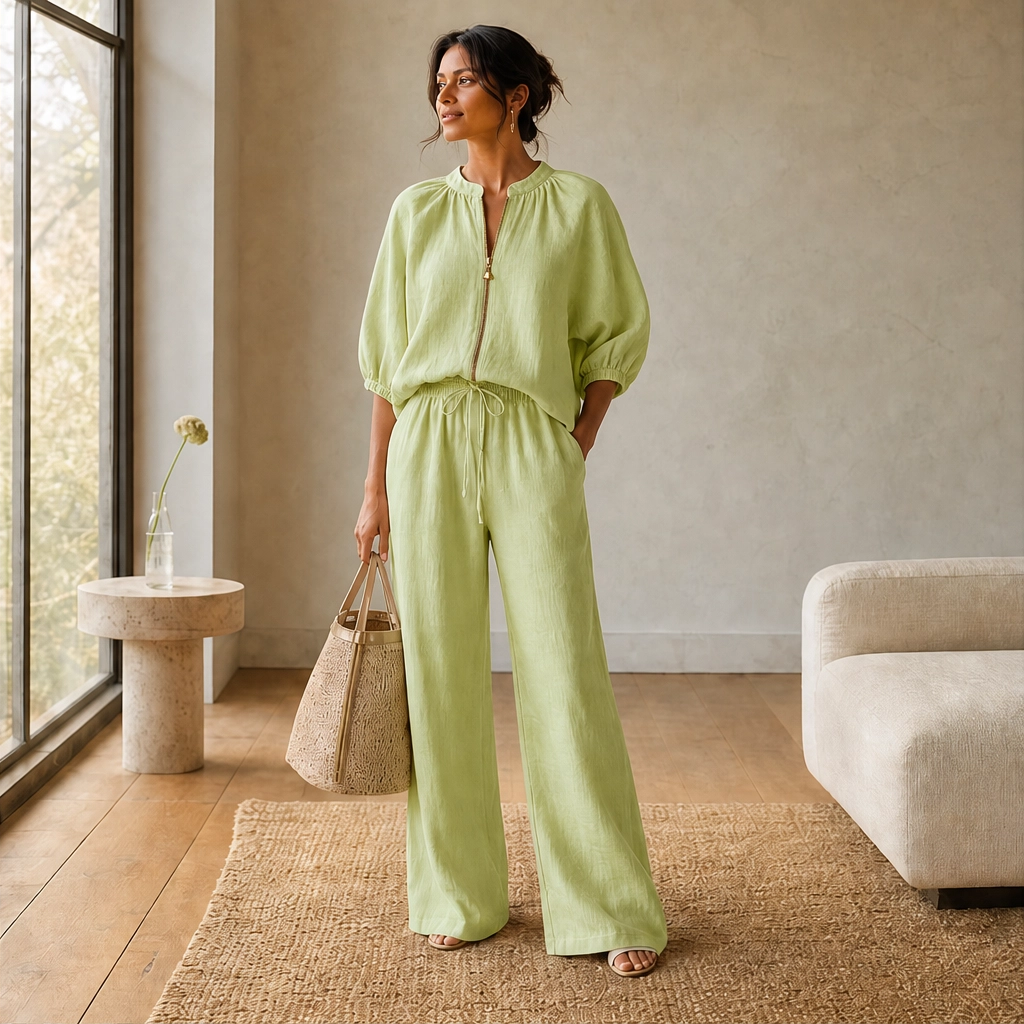 Drape-Soft 2-Piece Set with Gold Zip & Wide-Leg Pants + 50% OFF