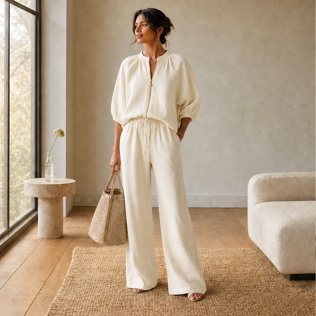 Drape-Soft 2-Piece Set with Gold Zip & Wide-Leg Pants + 50% OFF