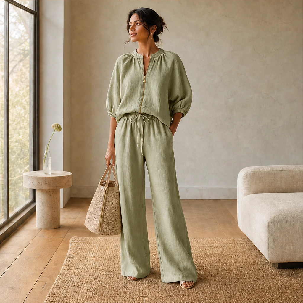 Drape-Soft 2-Piece Set with Gold Zip & Wide-Leg Pants + 50% OFF