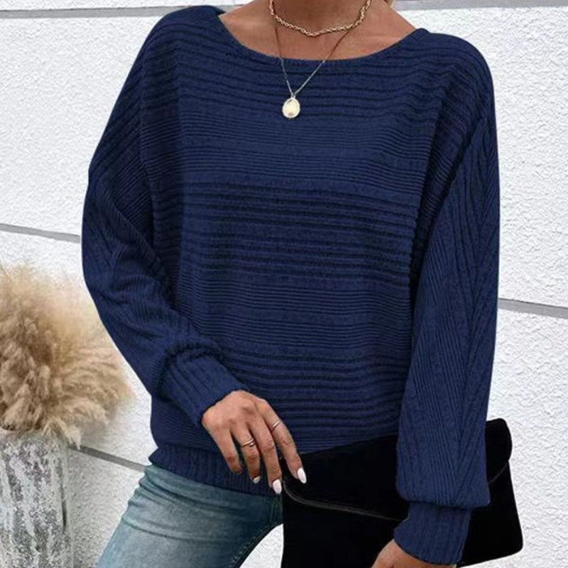 🎁New arrival 52% OFF💥Solid Round-Neck Striped Top with Long Sleeves