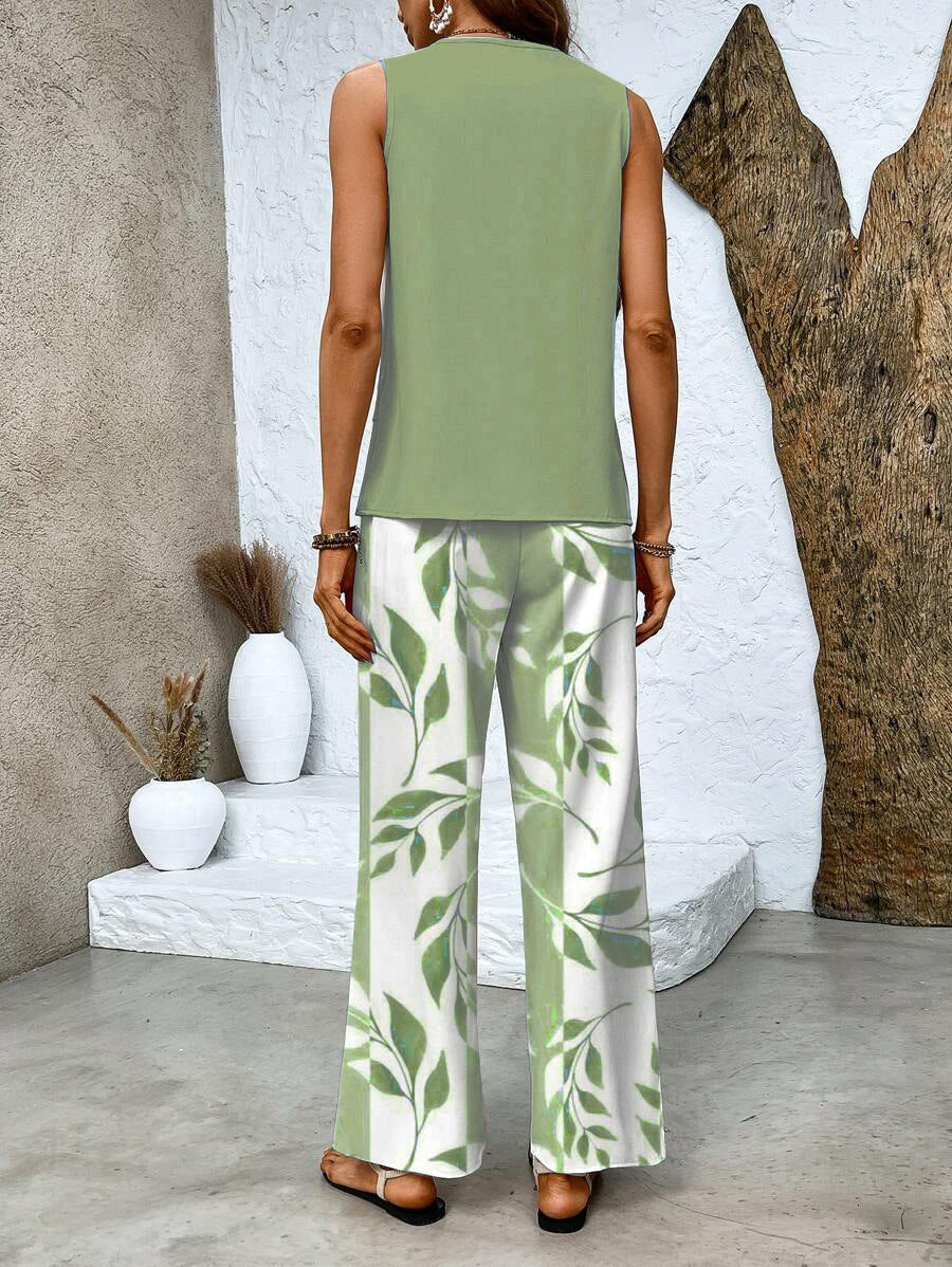 🔥50% OFF🌺Fashionable two-piece women's outfits with printed sleeveless top & pants