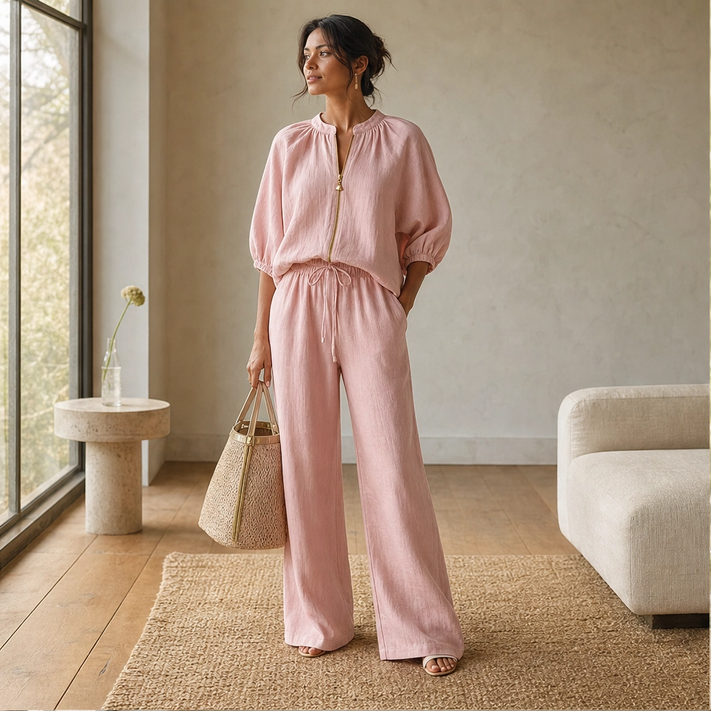 Drape-Soft 2-Piece Set with Gold Zip & Wide-Leg Pants + 50% OFF
