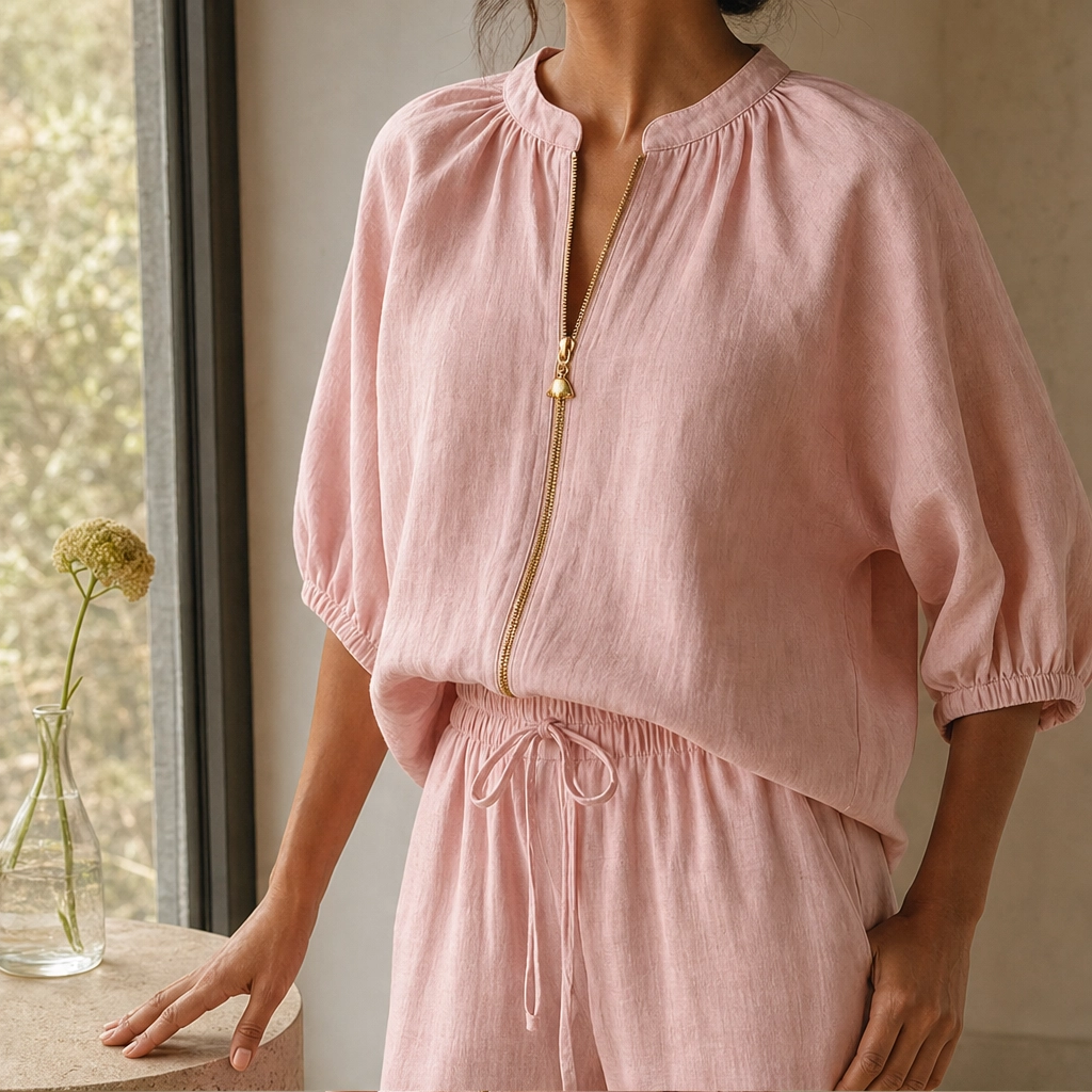 Drape-Soft 2-Piece Set with Gold Zip & Wide-Leg Pants + 50% OFF