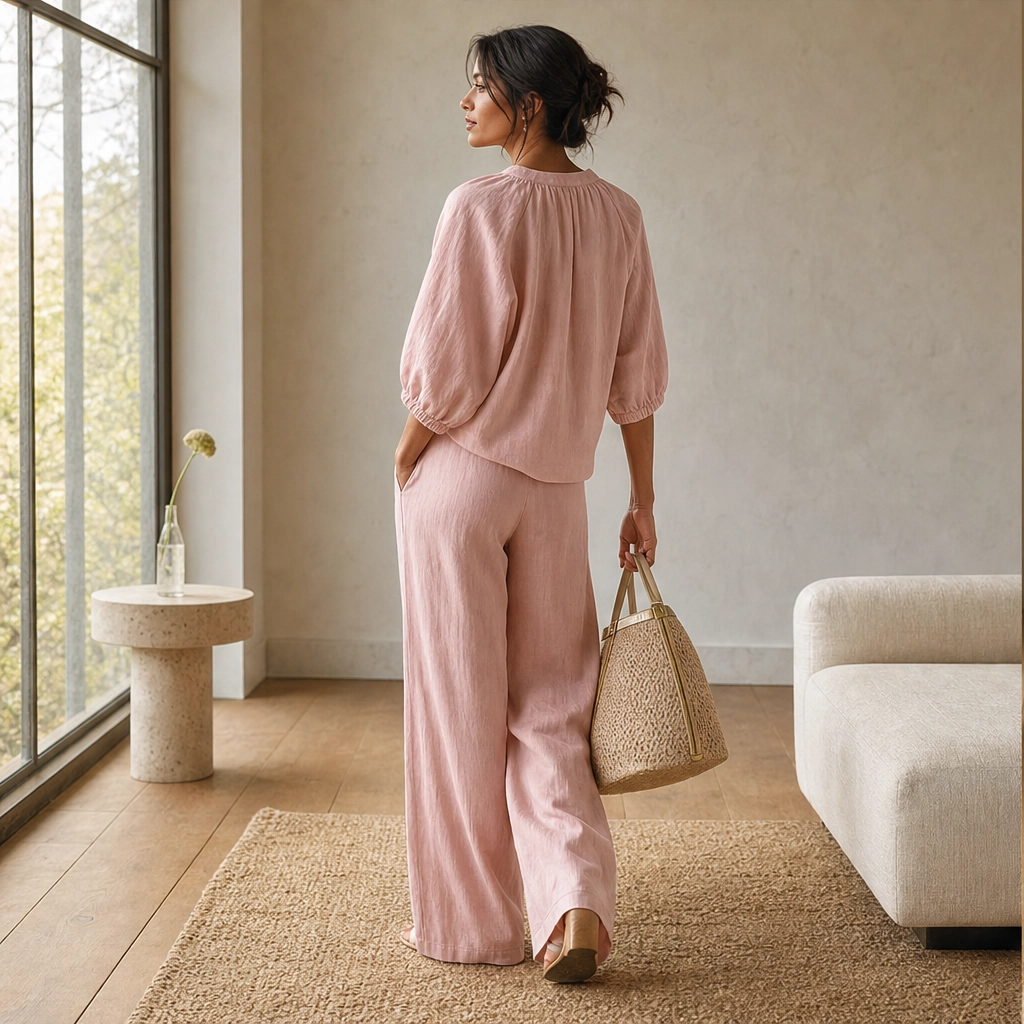 Drape-Soft 2-Piece Set with Gold Zip & Wide-Leg Pants + 50% OFF