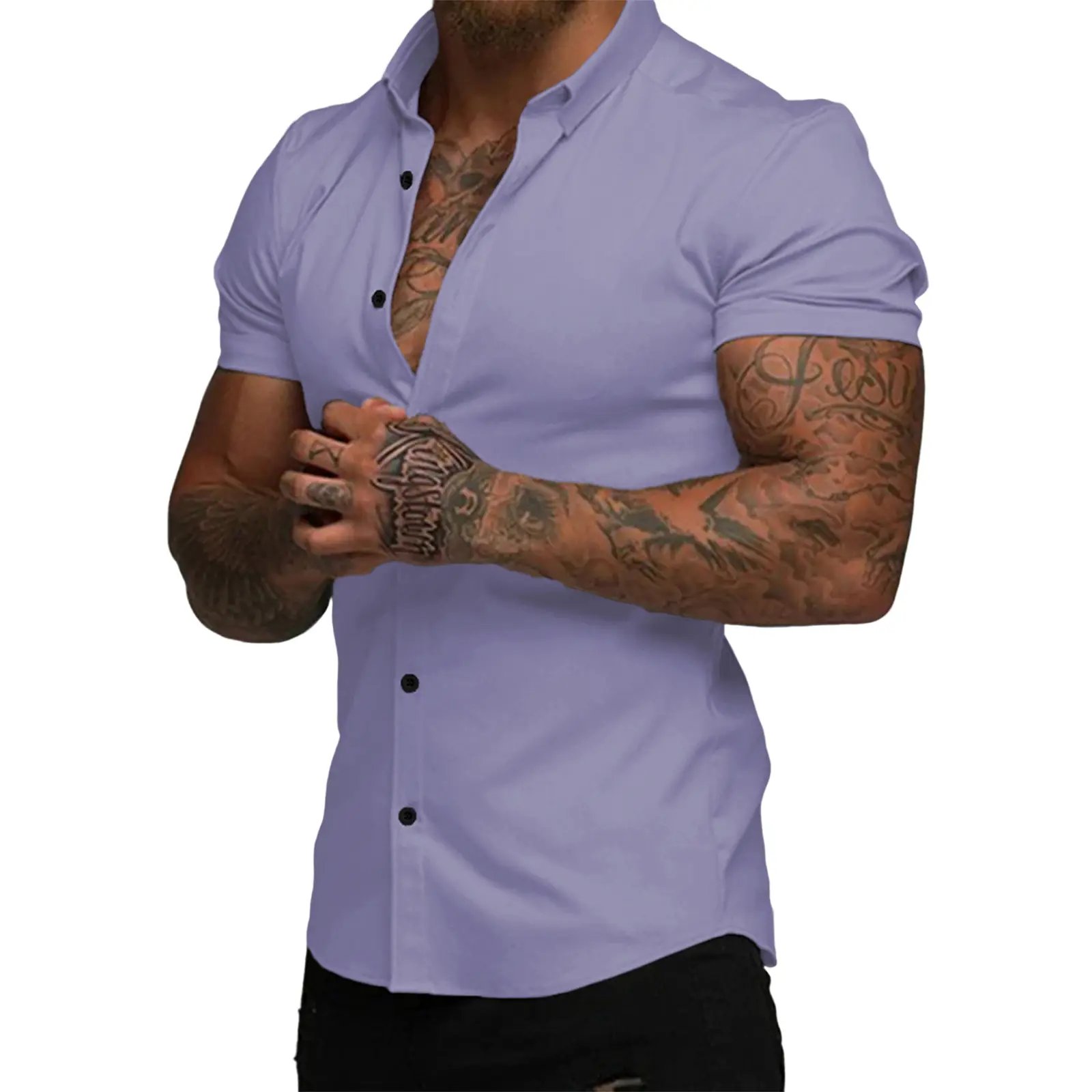 ⚡Hot Sales 49% OFF🔥Mens Muscle Fit Dress Shirts Casual Button Down Shirt Short Sleeve Wrinkle-Free Shirts