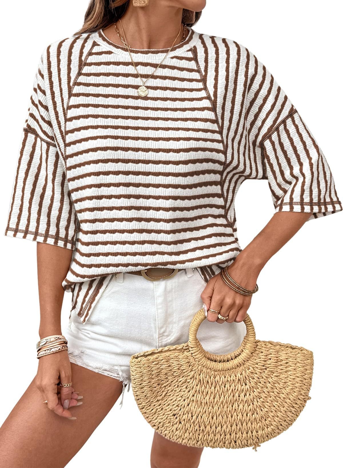 🔥New Arrival 50% OFF🔥Womens Summer Tops Oversized Tshirts for Women Striped Color Block Short Sleeve T Shirts Crewneck Casual Tee Blouses