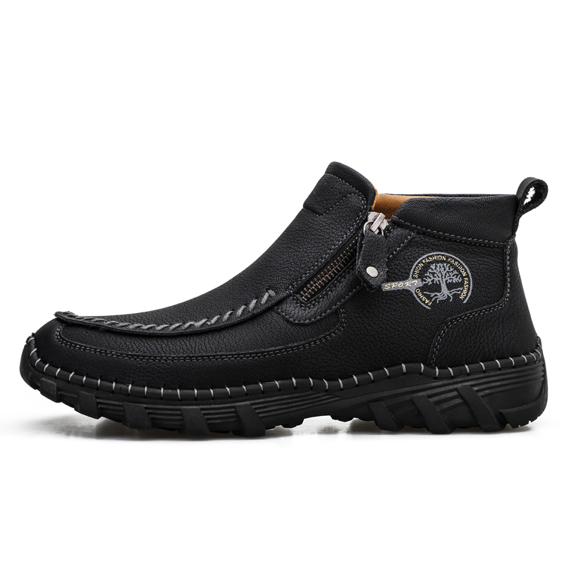 Men's Hand Stitching Leather Slip On Ankle Boots Side Zipper Casual Comfort Moccasin Chukka Boots Outdoor Walking Loafers for Working Driving Hiking