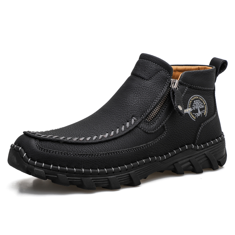 Men's Hand Stitching Leather Slip On Ankle Boots Side Zipper Casual Comfort Moccasin Chukka Boots Outdoor Walking Loafers for Working Driving Hiking