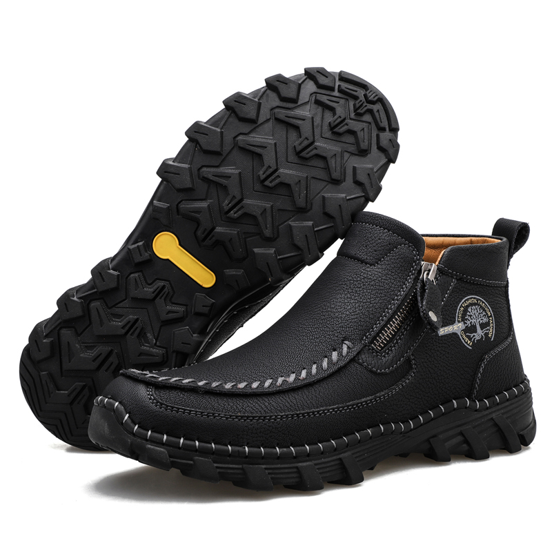 Men's Hand Stitching Leather Slip On Ankle Boots Side Zipper Casual Comfort Moccasin Chukka Boots Outdoor Walking Loafers for Working Driving Hiking