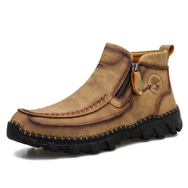 Men's Hand Stitching Leather Slip On Ankle Boots Side Zipper Casual Comfort Moccasin Chukka Boots Outdoor Walking Loafers for Working Driving Hiking