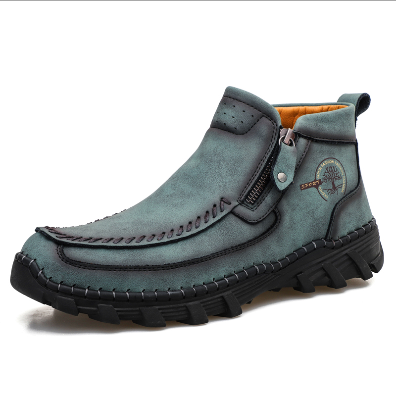 Men's Hand Stitching Leather Slip On Ankle Boots Side Zipper Casual Comfort Moccasin Chukka Boots Outdoor Walking Loafers for Working Driving Hiking