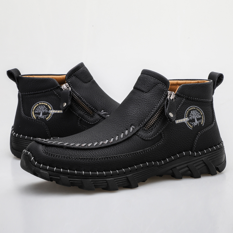 Men's Hand Stitching Leather Slip On Ankle Boots Side Zipper Casual Comfort Moccasin Chukka Boots Outdoor Walking Loafers for Working Driving Hiking