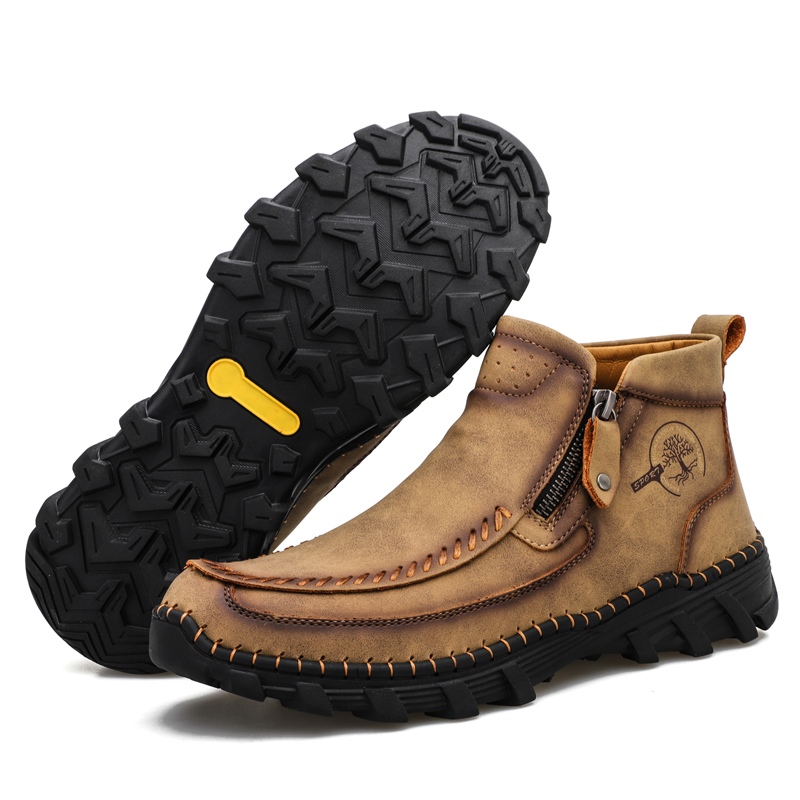 Men's Hand Stitching Leather Slip On Ankle Boots Side Zipper Casual Comfort Moccasin Chukka Boots Outdoor Walking Loafers for Working Driving Hiking