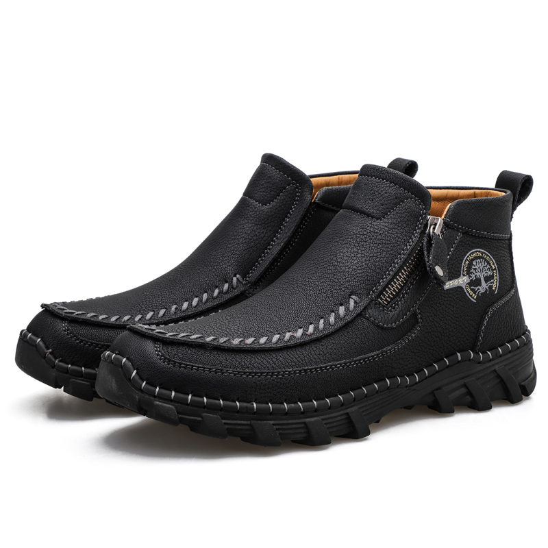 Men's Hand Stitching Leather Slip On Ankle Boots Side Zipper Casual Comfort Moccasin Chukka Boots Outdoor Walking Loafers for Working Driving Hiking