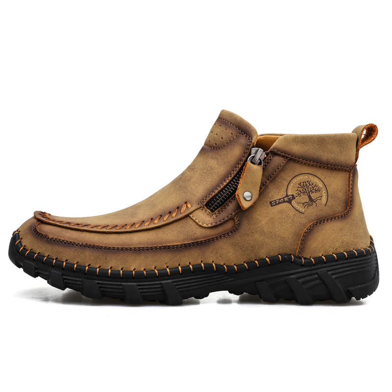 Men's Hand Stitching Leather Slip On Ankle Boots Side Zipper Casual Comfort Moccasin Chukka Boots Outdoor Walking Loafers for Working Driving Hiking