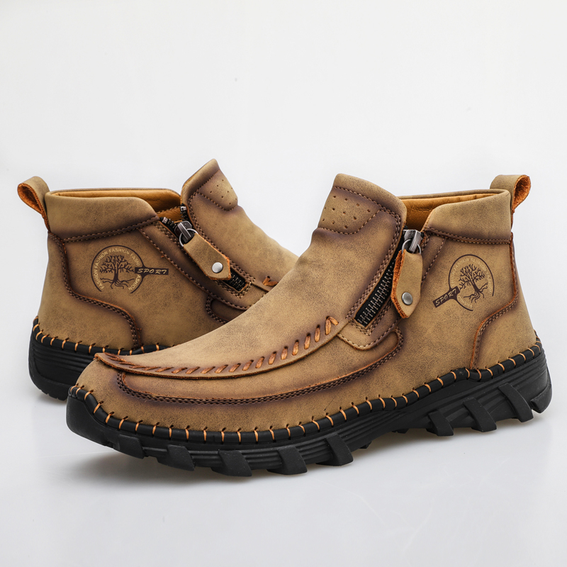 Men's Hand Stitching Leather Slip On Ankle Boots Side Zipper Casual Comfort Moccasin Chukka Boots Outdoor Walking Loafers for Working Driving Hiking