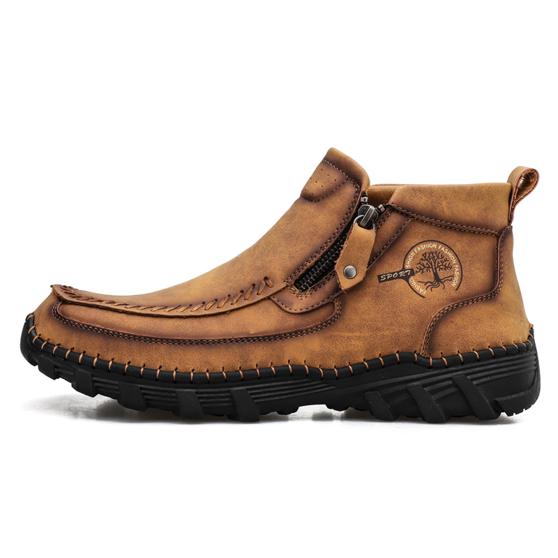 Men's Hand Stitching Leather Slip On Ankle Boots Side Zipper Casual Comfort Moccasin Chukka Boots Outdoor Walking Loafers for Working Driving Hiking