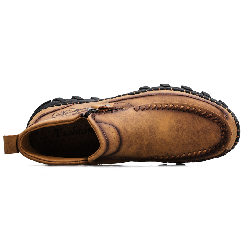 Men's Hand Stitching Leather Slip On Ankle Boots Side Zipper Casual Comfort Moccasin Chukka Boots Outdoor Walking Loafers for Working Driving Hiking