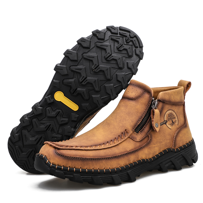 Men's Hand Stitching Leather Slip On Ankle Boots Side Zipper Casual Comfort Moccasin Chukka Boots Outdoor Walking Loafers for Working Driving Hiking