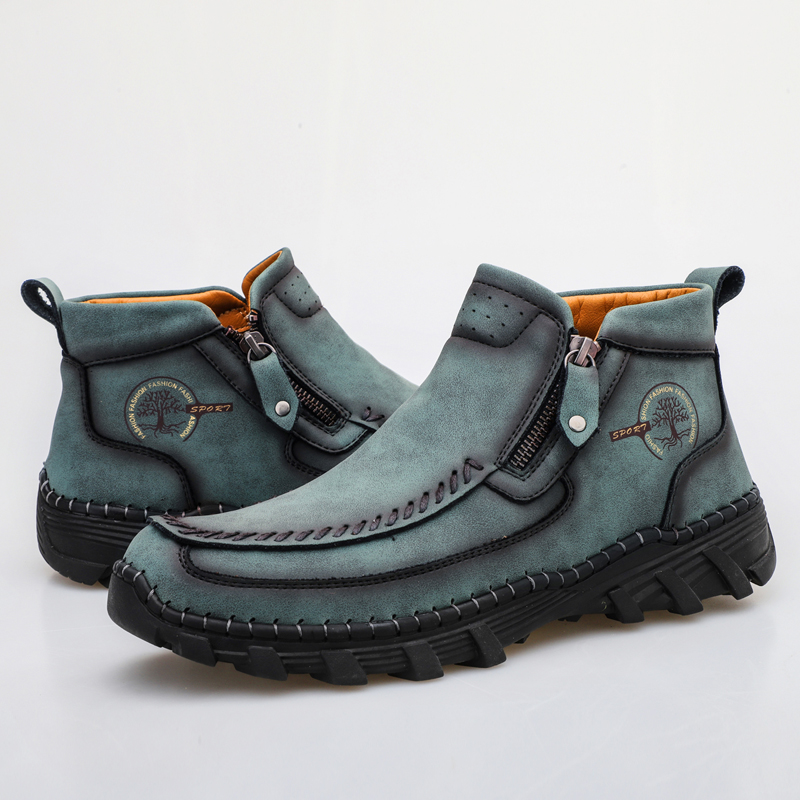 Men's Hand Stitching Leather Slip On Ankle Boots Side Zipper Casual Comfort Moccasin Chukka Boots Outdoor Walking Loafers for Working Driving Hiking